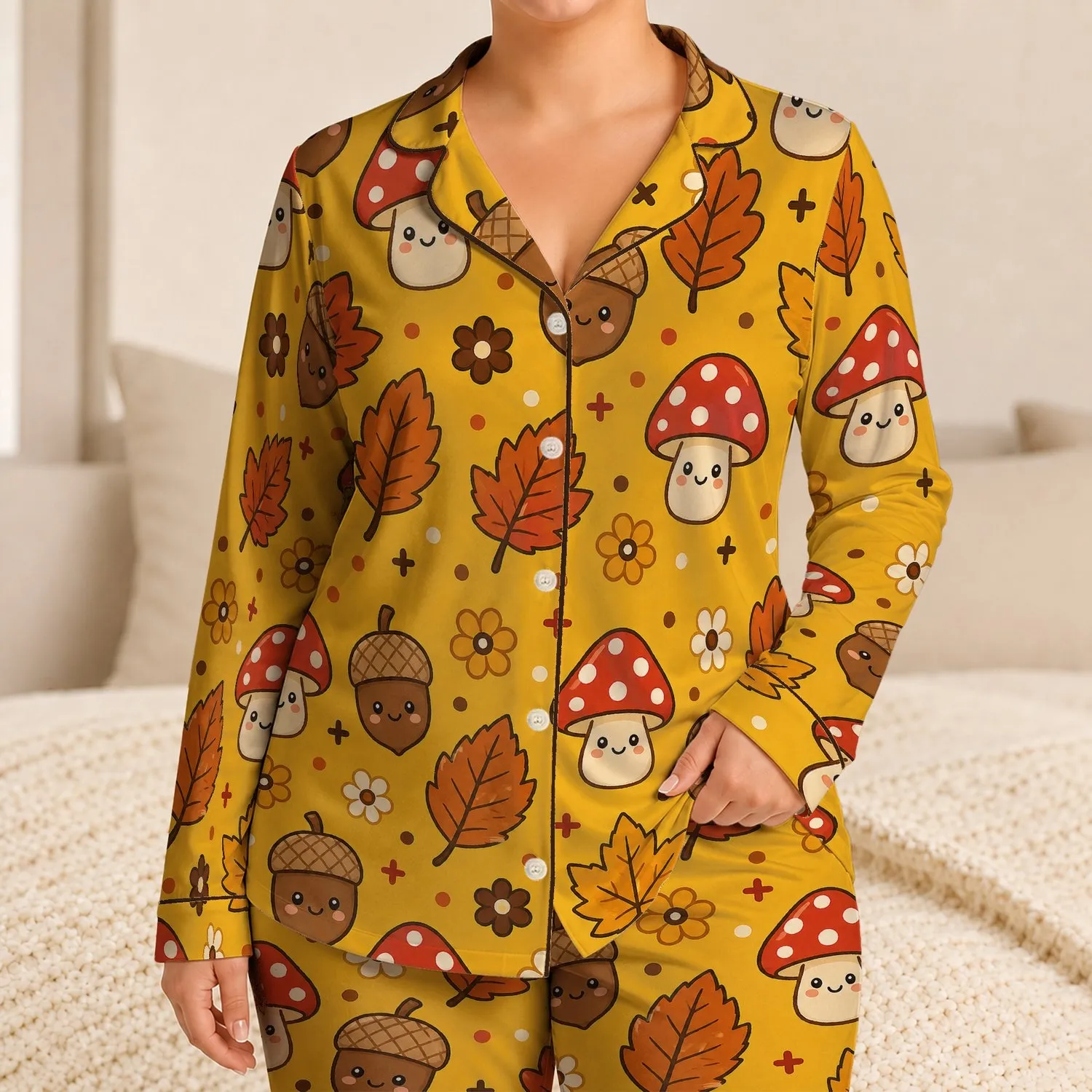 Kawaii Mushroom Acorn Autumn Woodland Motifs for Cozy Lounging and Fall Gatherings Satin Pajamas Set - 1