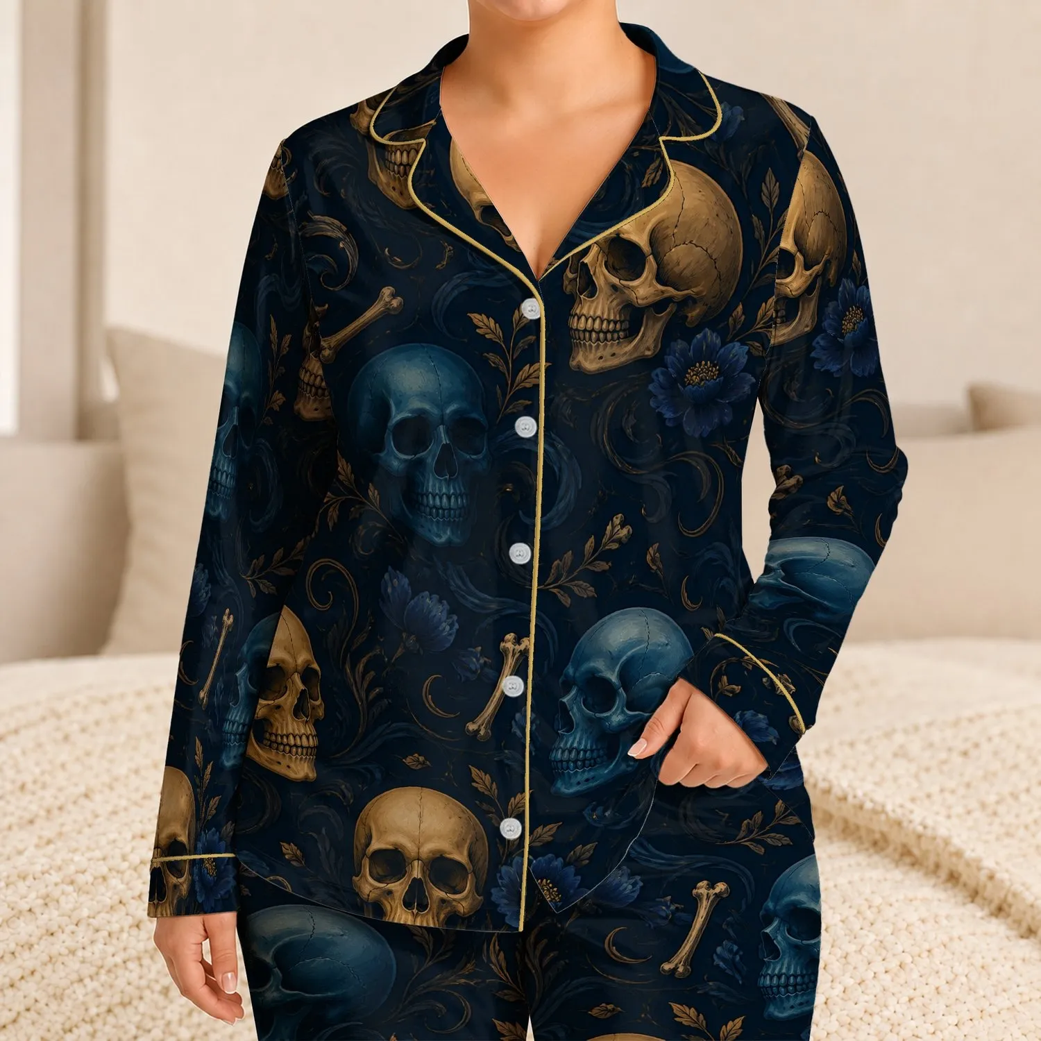 Gothic Skull Motifs Midnight Blue Golden Ochre Dark Aesthetic Lounge Style For Women Satin Pajamas Set - 1