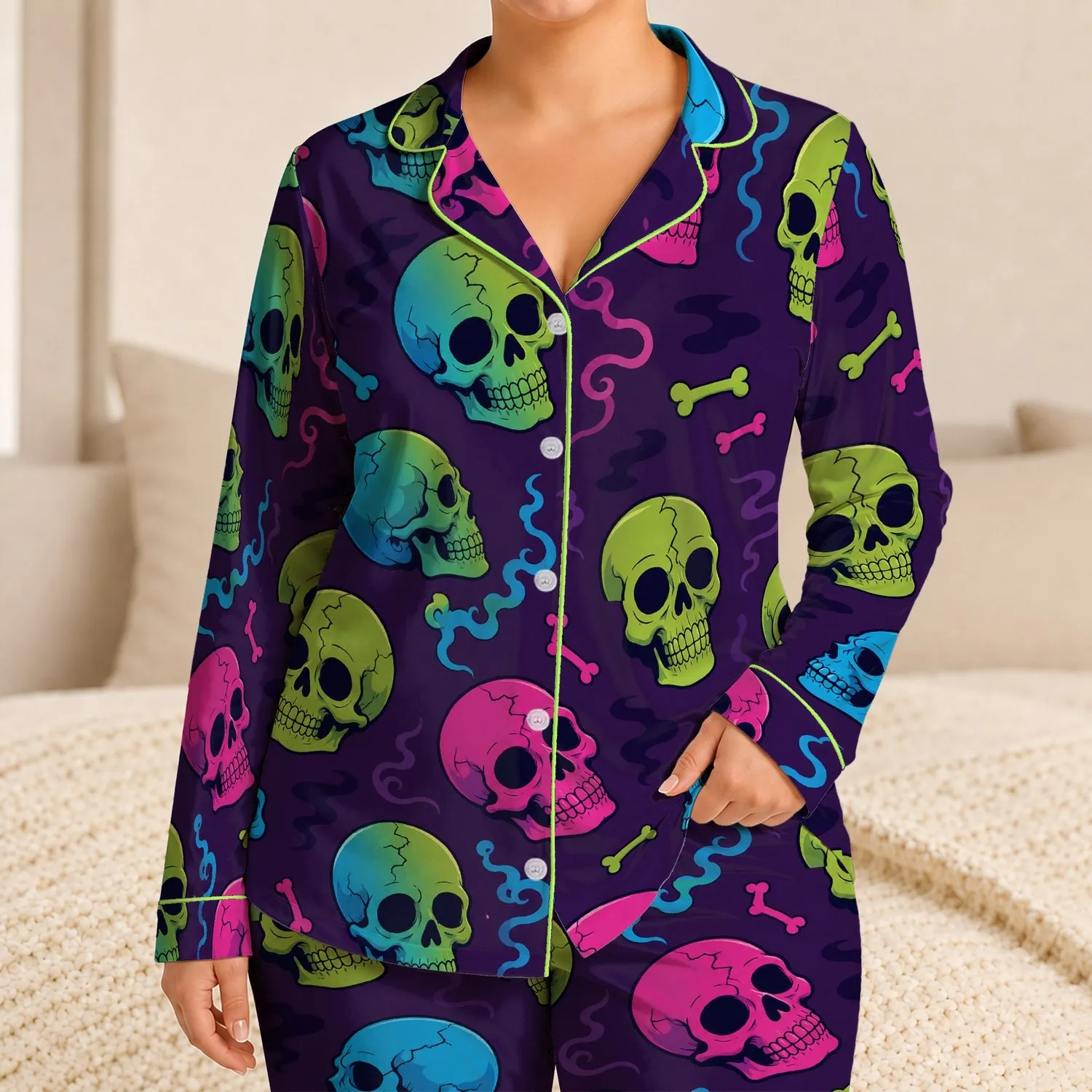 Neon Skull Halloween Spooky Season Gift, Gothic Alternative Style For Plus Size Women Satin Pajamas Set - 1