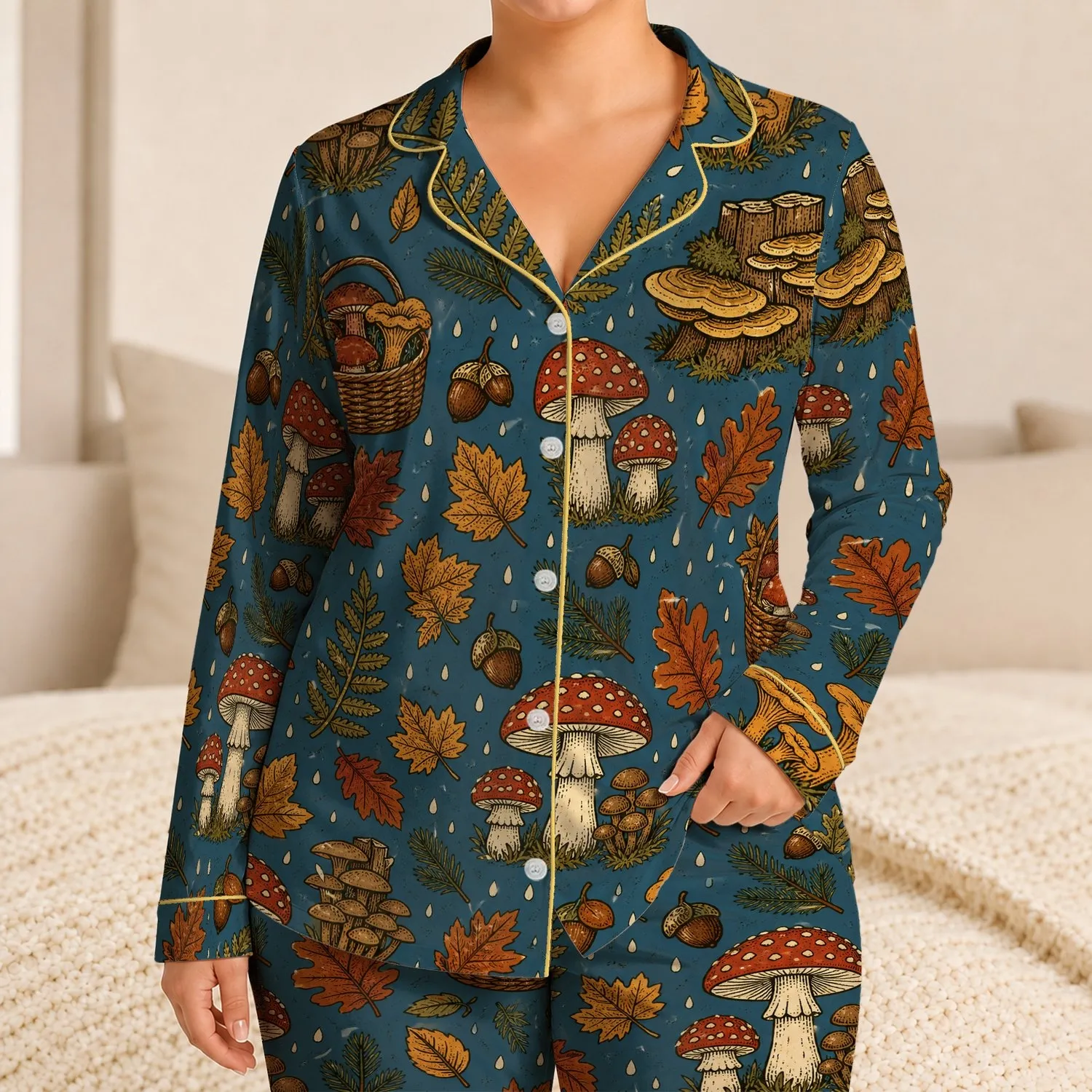 Vintage Mushroom Woodland Autumn Motifs for Cozy Loungewear, Cabin Days and Nature Lovers Satin Pajamas Set - 1