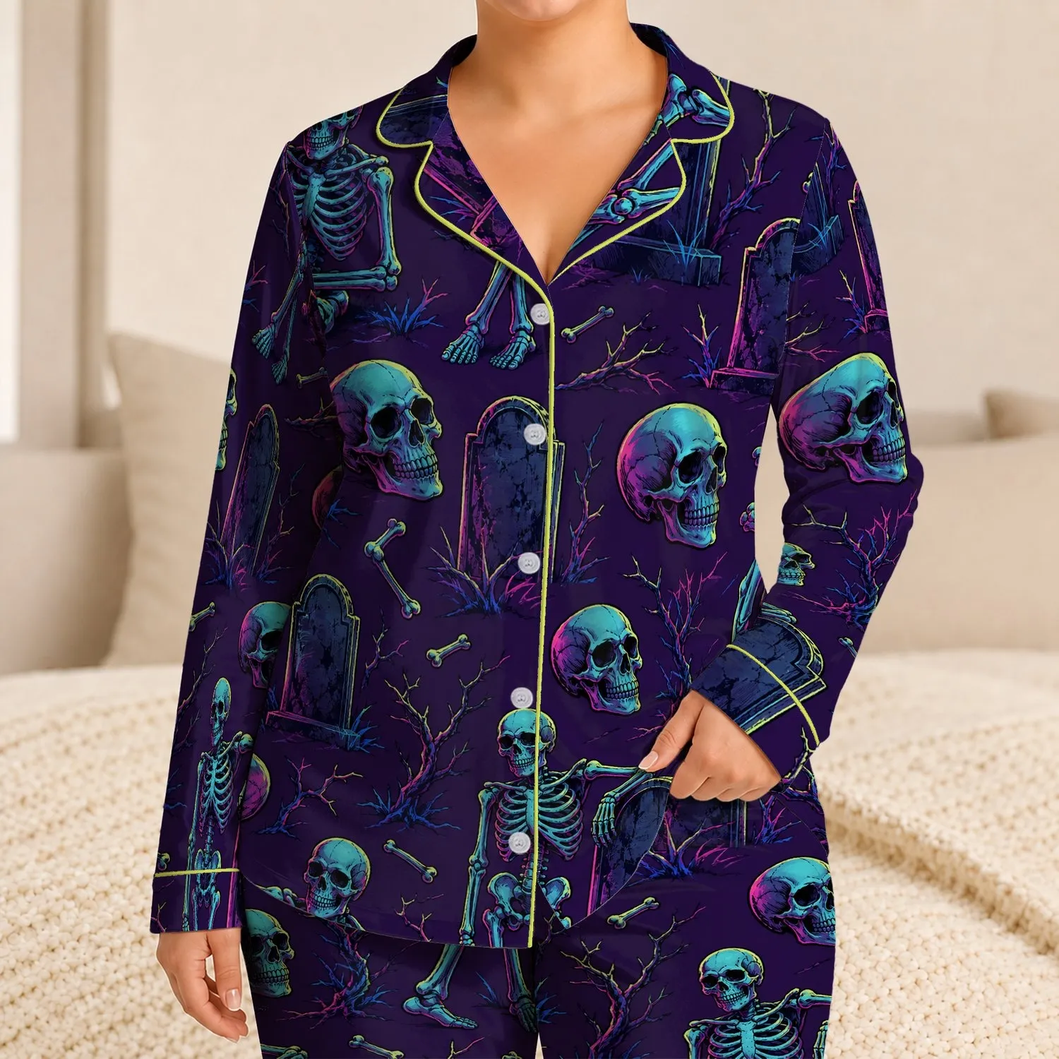 Gothic Skeleton Skull Cemetery Bones for Halloween Nighttime Comfort Alternative Adults Satin Pajamas Set - 1