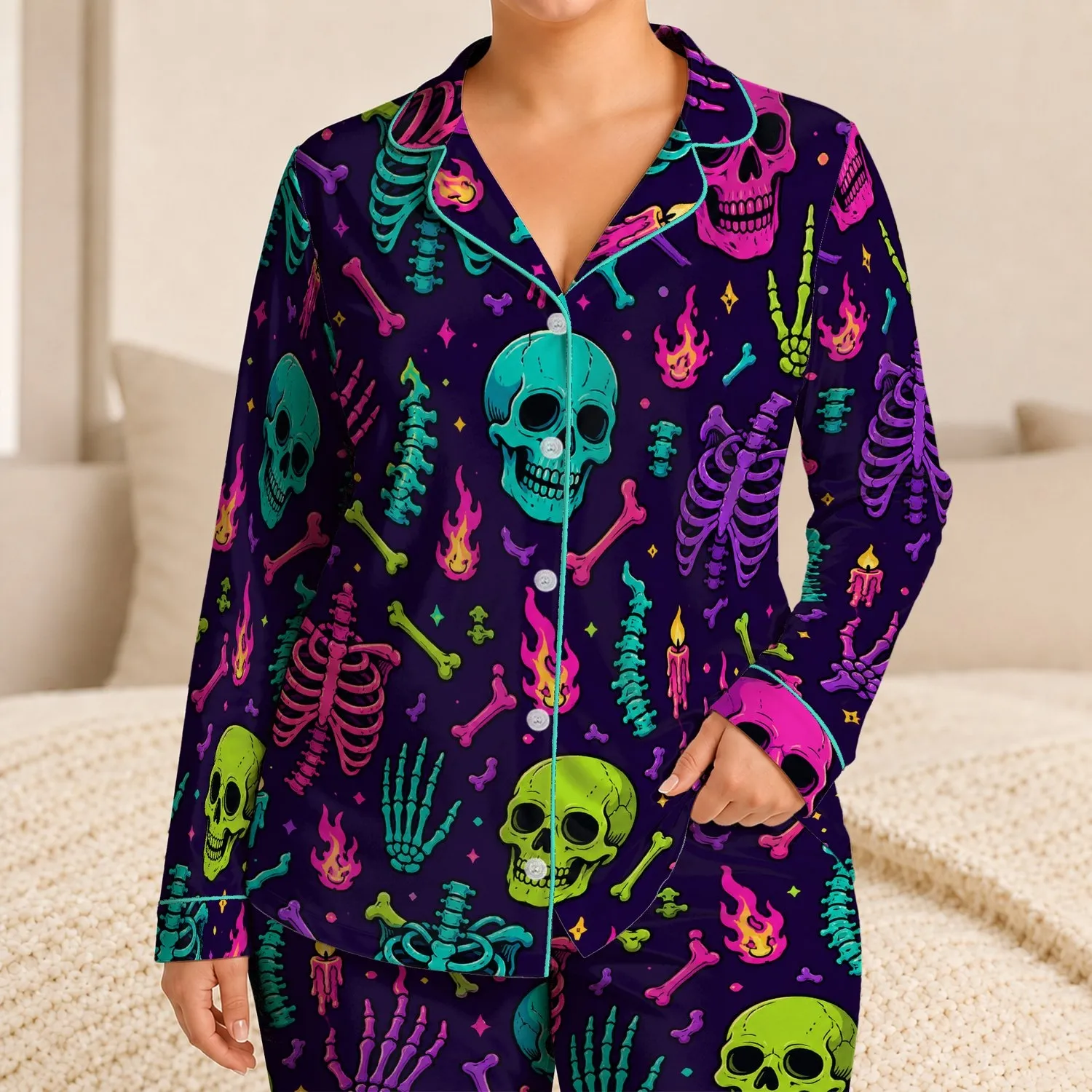 Neon Gothic Skeleton Skulls For Cozy Lounging And Spooky Nighttime Relaxation At Home Satin Pajamas Set - 1