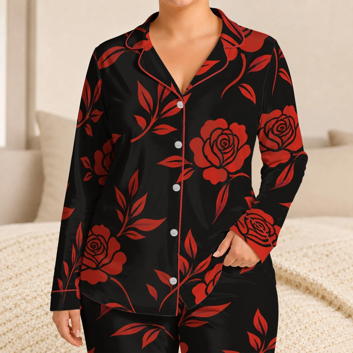 Red Rose Botanical Floral Motifs for Elegant Lounge Style, Women's Everyday Comfort Satin Pajamas Set - 1