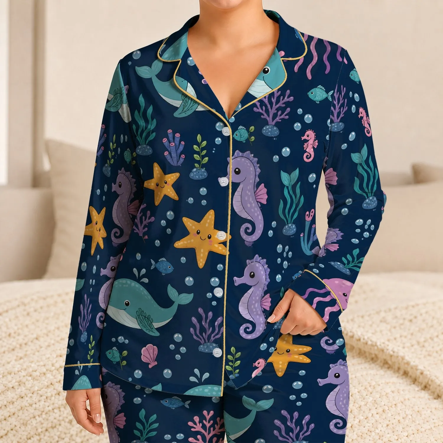 Undersea Whale Starfish Seahorse Scene for Coastal Lounge Days and Beach House Decor Satin Pajamas Set - 1
