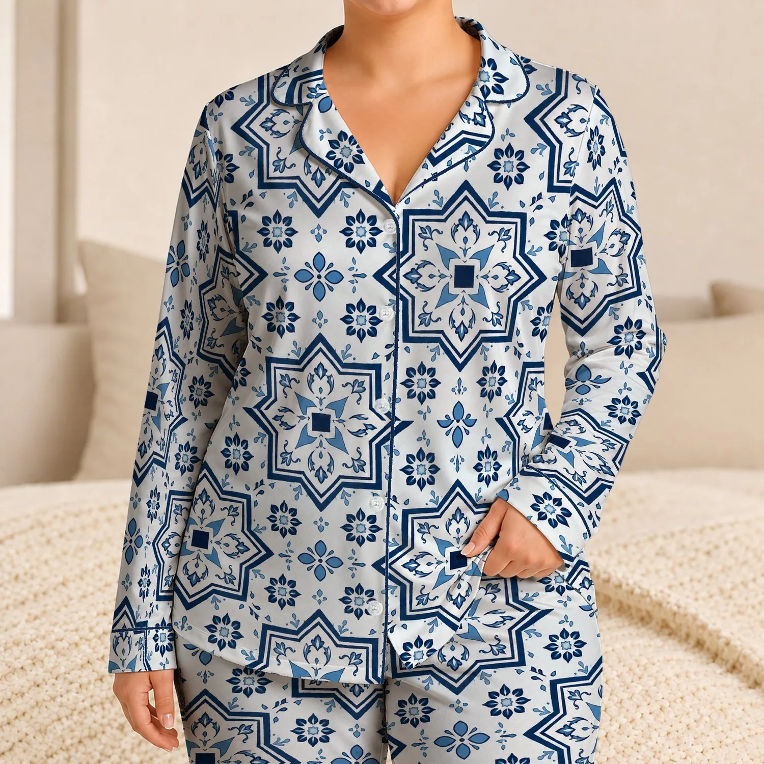 Blue Moroccan Star Tile Geometry For Resort Lounging, Travel, And Everyday Comfort Satin Pajamas Set - 1