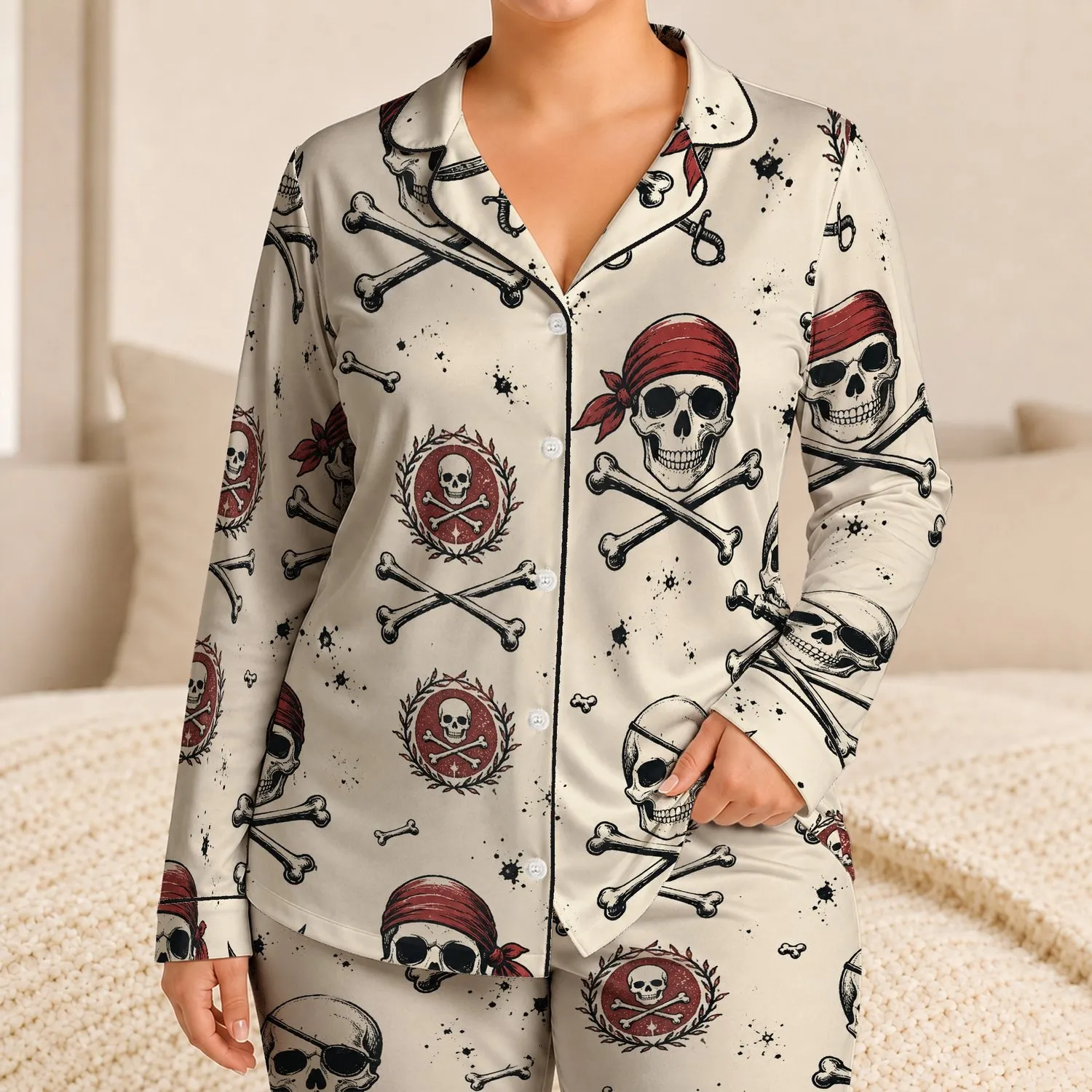 Vintage Punk Gothic Skull and Crossbones Pirate Motif for Edgy Everyday Lounging Satin Pajamas Set - 1