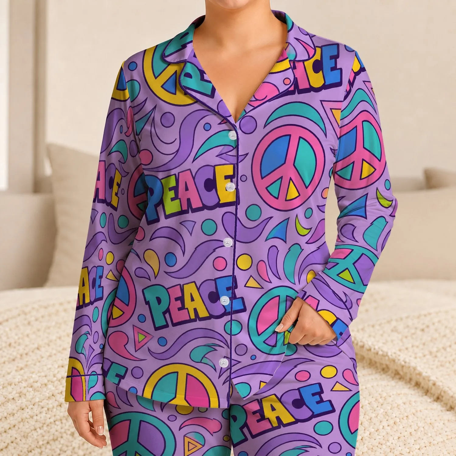 Retro Peace Symbols and Graffiti Lettering for Relaxed Weekend Lounging, Gift Idea Satin Pajamas Set - 1