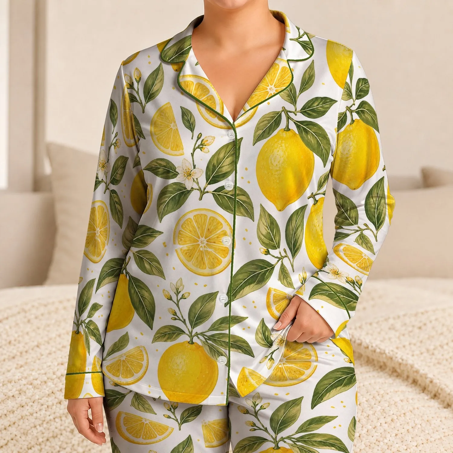 Lemon Citrus Botanical Motif for Cozy Lounging, Summer Travel, and Gift Giving for Women Satin Pajamas Set - 1