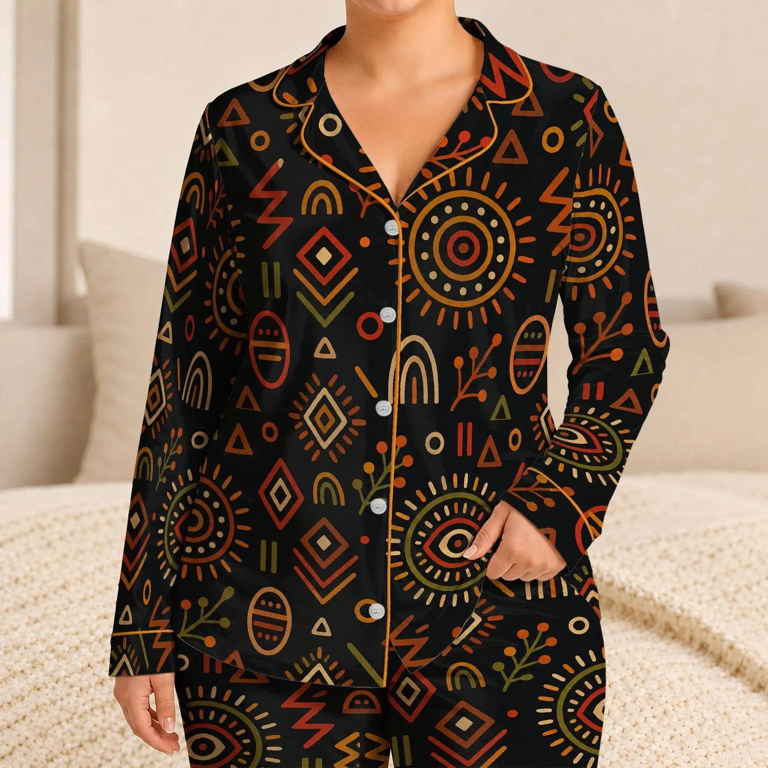 African Inspired Geometric Totem Motifs for Colorful Lounge Style, Plus Size Women Satin Pajamas Set - 1
