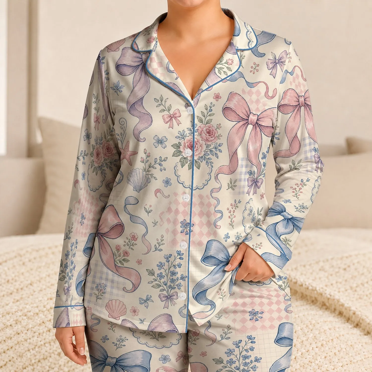Pastel Bow Floral Patchwork for Cozy Lounging, Sleepovers, and Feminine Gift Giving Satin Pajamas Set - 1