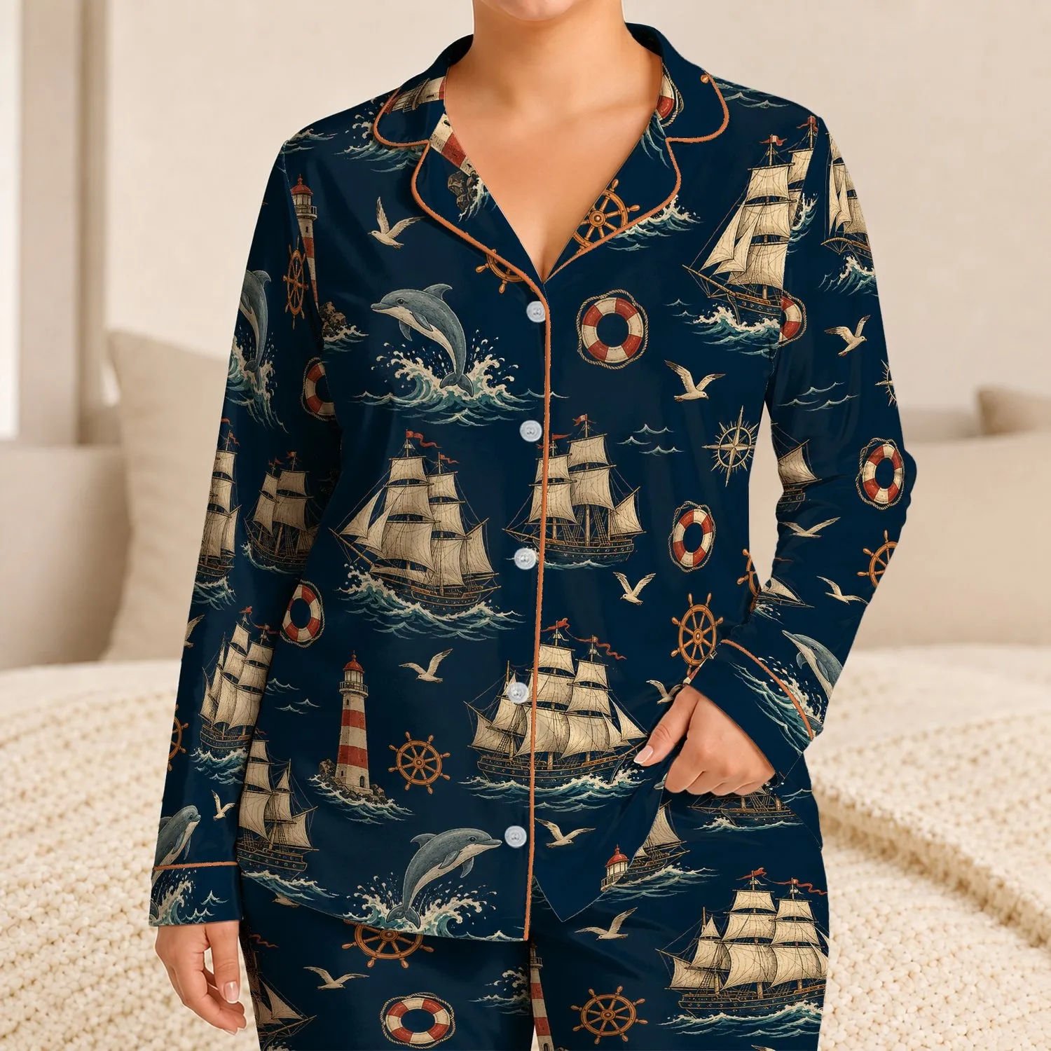 Vintage Nautical Sailboats and Dolphins for Coastal Lounging, Seaside Travel and Gifts Satin Pajamas Set - 1