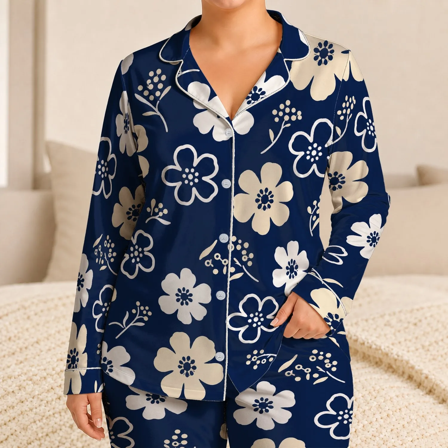 Midnight Navy Ivory Botanical Florals for Cozy Lounging and Relaxed Home Style Wear Satin Pajamas Set - 1