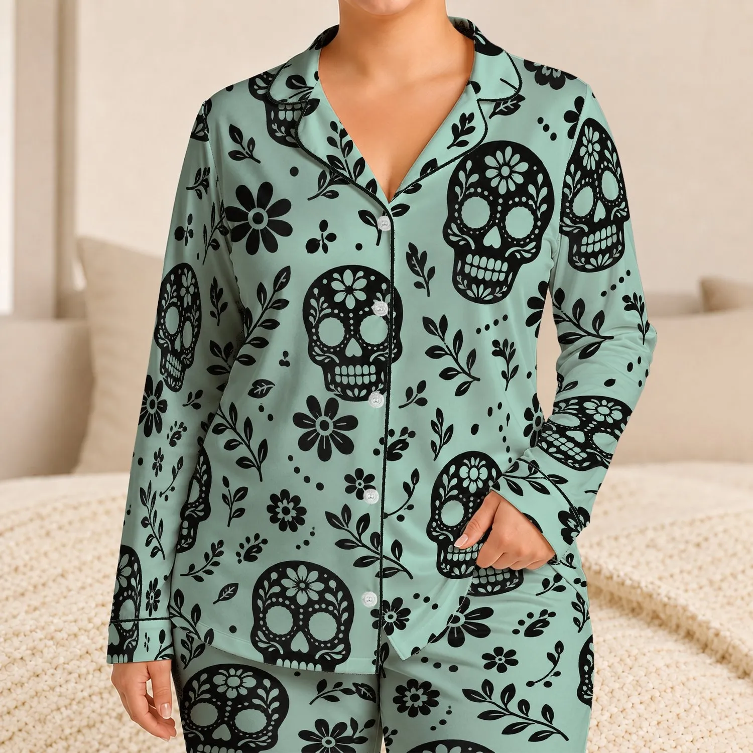 Mint Sugar Skulls and Folk Flowers for Cozy Lounging and Dia de los Muertos Gifting Satin Pajamas Set - 1