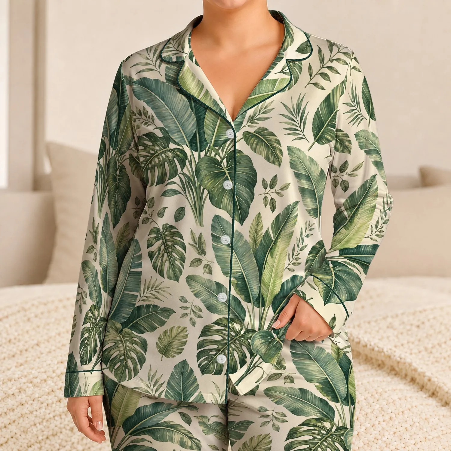Tropical Green Foliage for Resort Lounging and Everyday Comfort, Women's Botanical Style Satin Pajamas Set - 1