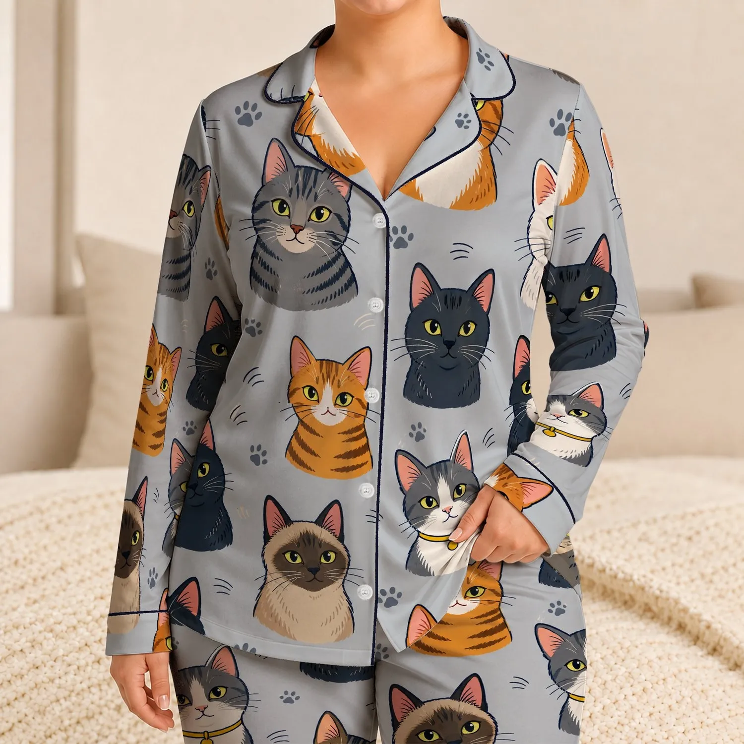 Charming Cat Portraits For Cozy Lounging, Colorful Whimsical Style For Cat Lovers Satin Pajamas Set - 1