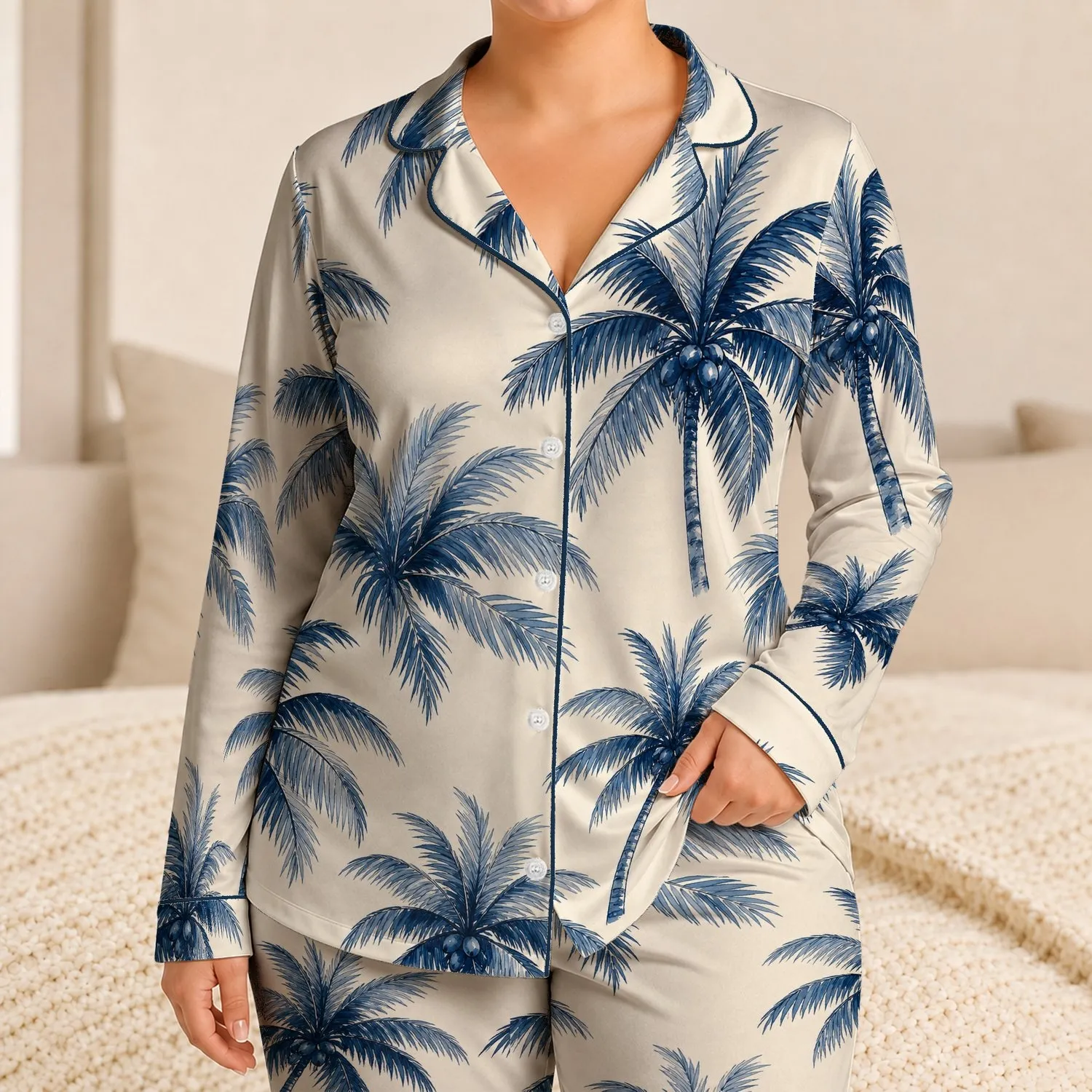 Blue Coastal Coconut Palms For Tropical Vacation Lounging And Beach Getaways Women Satin Pajamas Set - 1