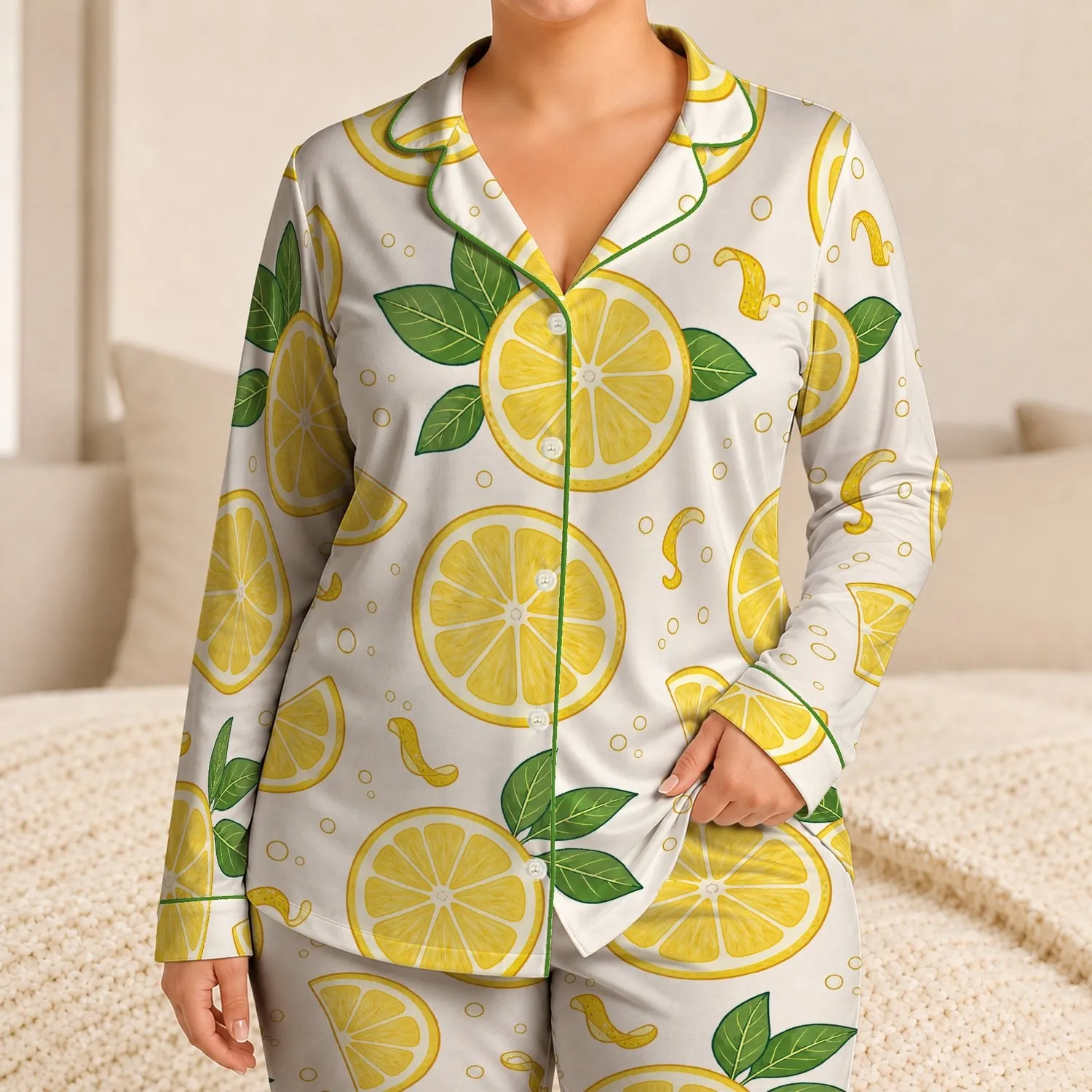 Fresh Lemon Slices and Green Leaves for Bright Summer Vacation Travel Style for Women Satin Pajamas Set - 1