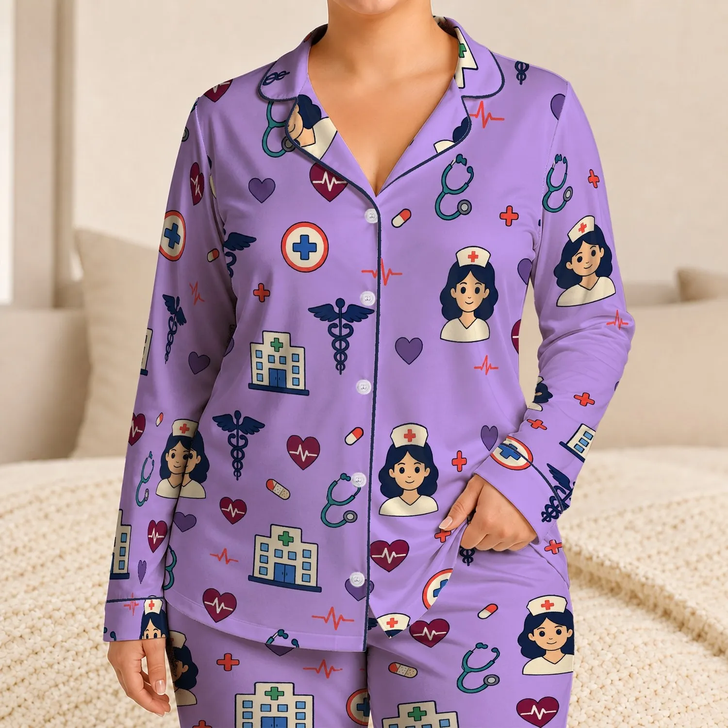 Healthcare Hearts and Stethoscopes for Nursing School Lounge Days Gift for Nurses Satin Pajamas Set - 1