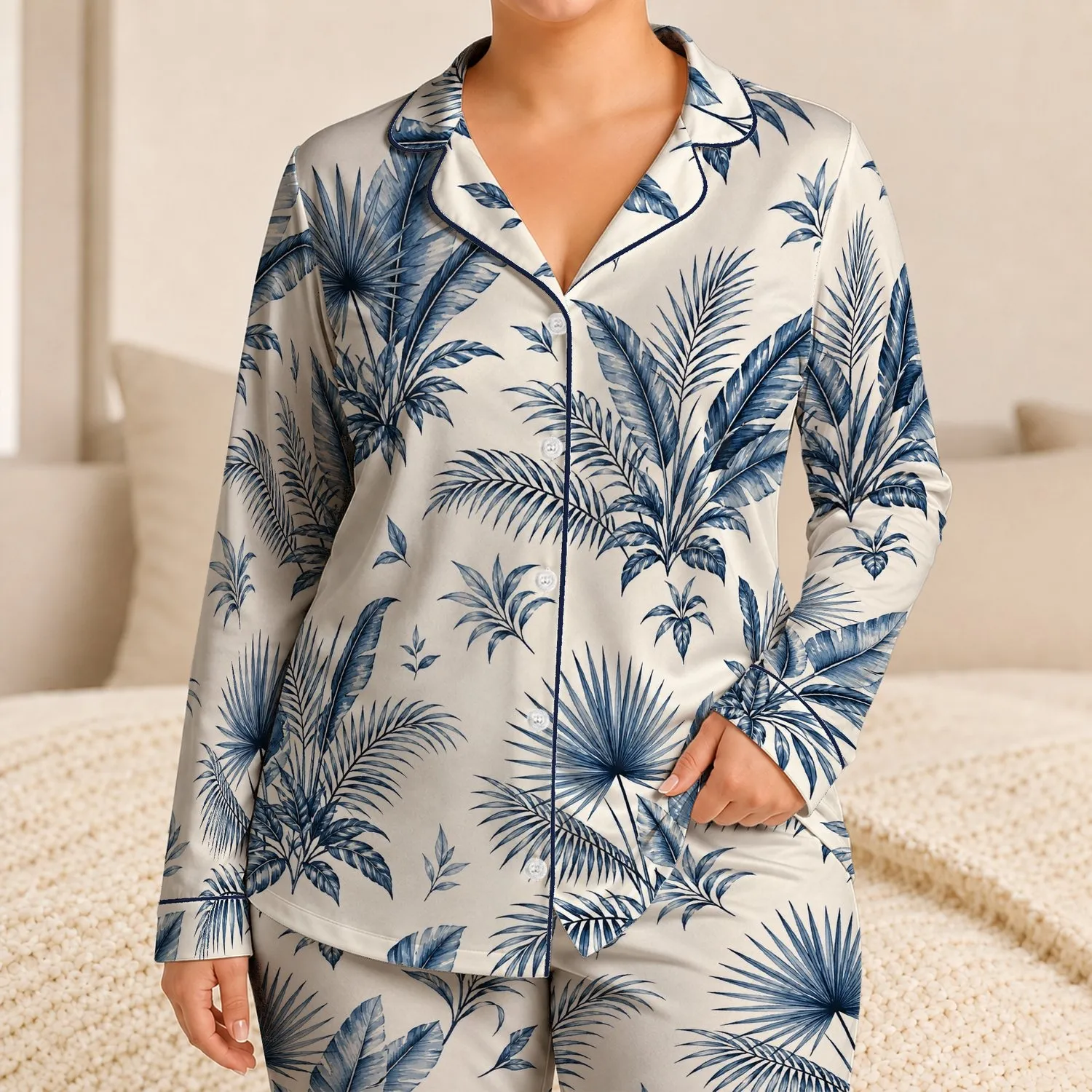 Navy Palm Leaf Tropical Foliage Resort Loungewear for Relaxed Beach Getaways and Vacations Satin Pajamas Set - 1