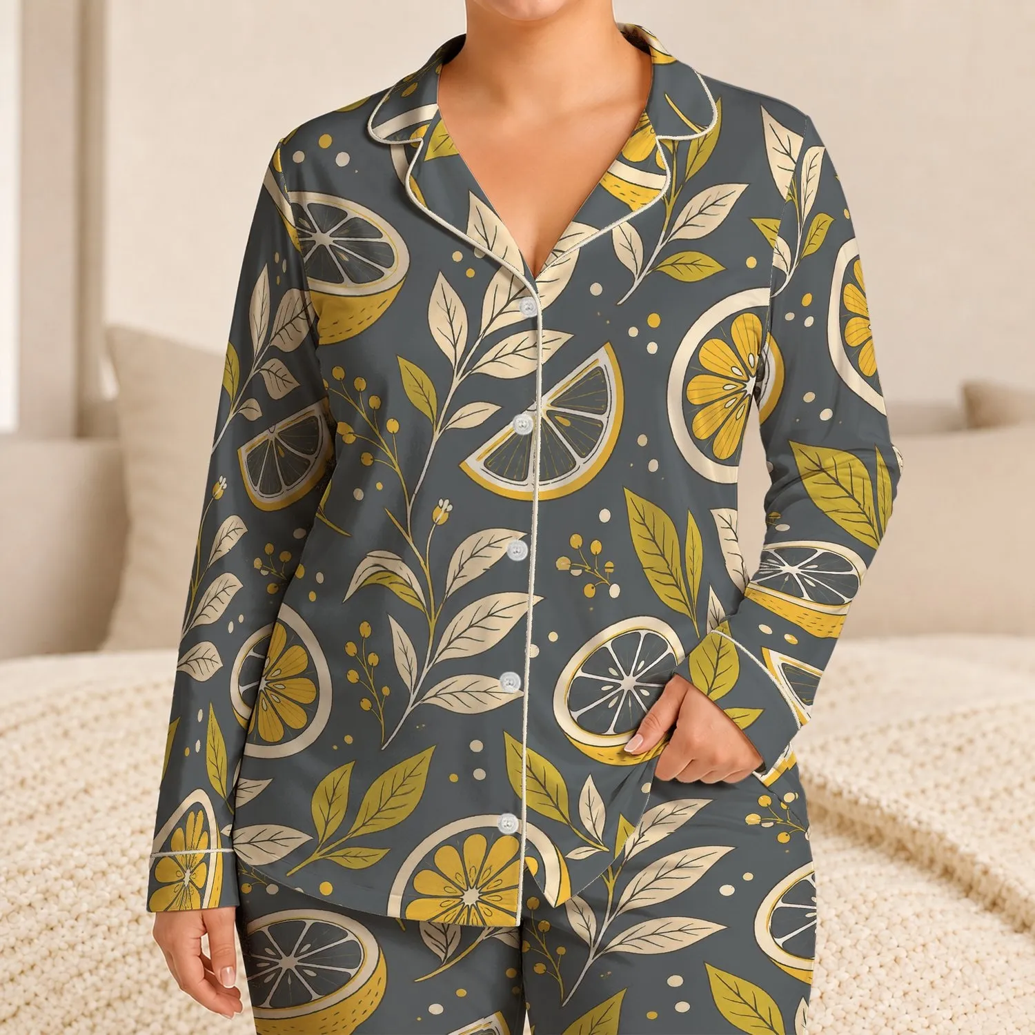 Lemon Citrus Leaves Summer Vacation Lounge Style Gift for Women and Lemon Lovers Satin Pajamas Set - 1