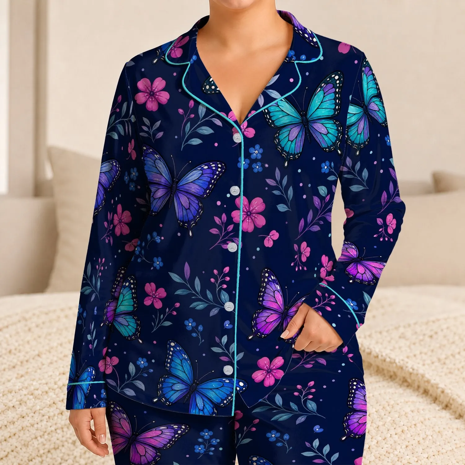 Colorful Butterfly Floral Motif For Relaxed Lounging And Cozy Nights, Women’s Gift For Her Satin Pajamas Set - 1