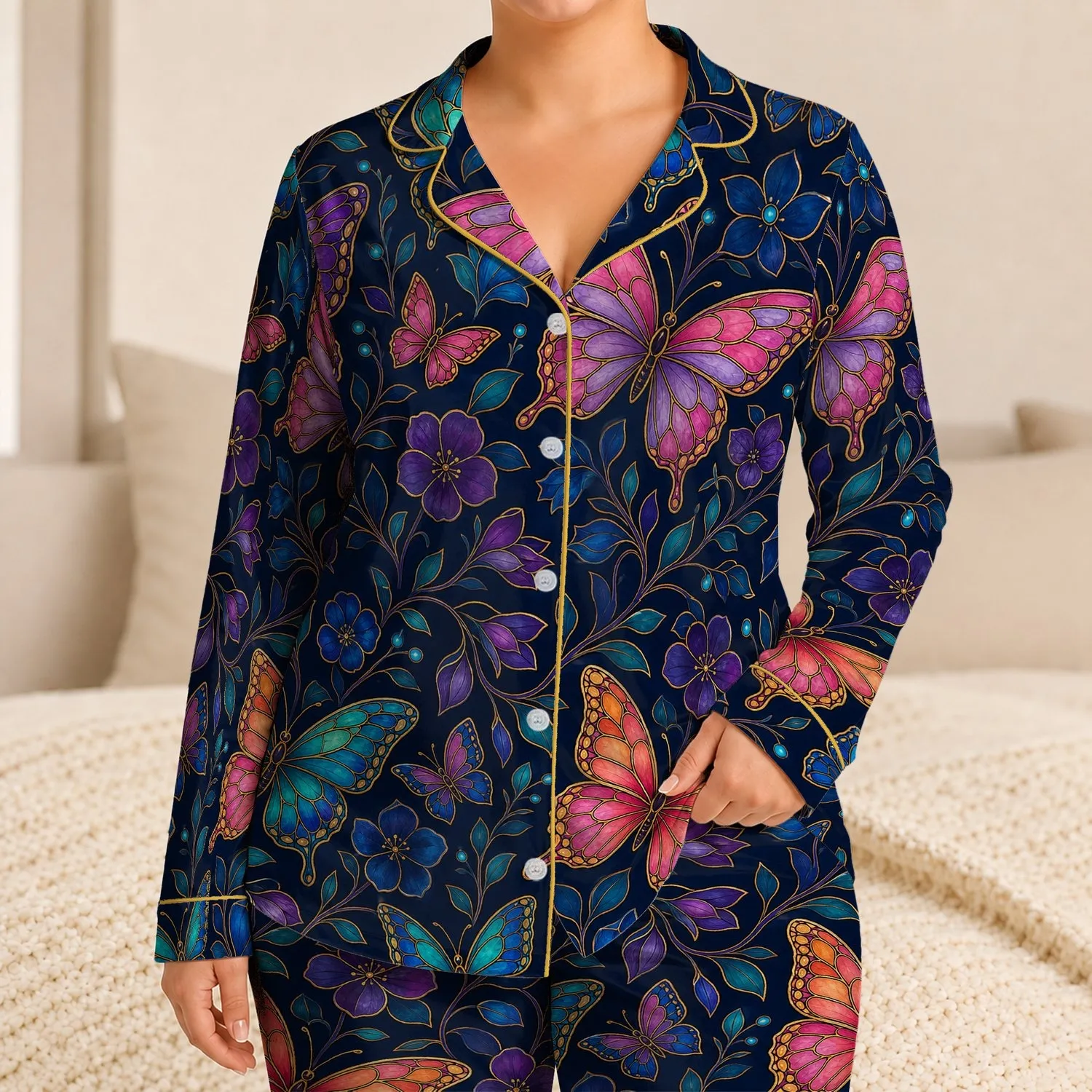 Stained Glass Butterfly Midnight Garden Lounge Wear For Relaxed Nighttime Comfort At Home Satin Pajamas Set - 1