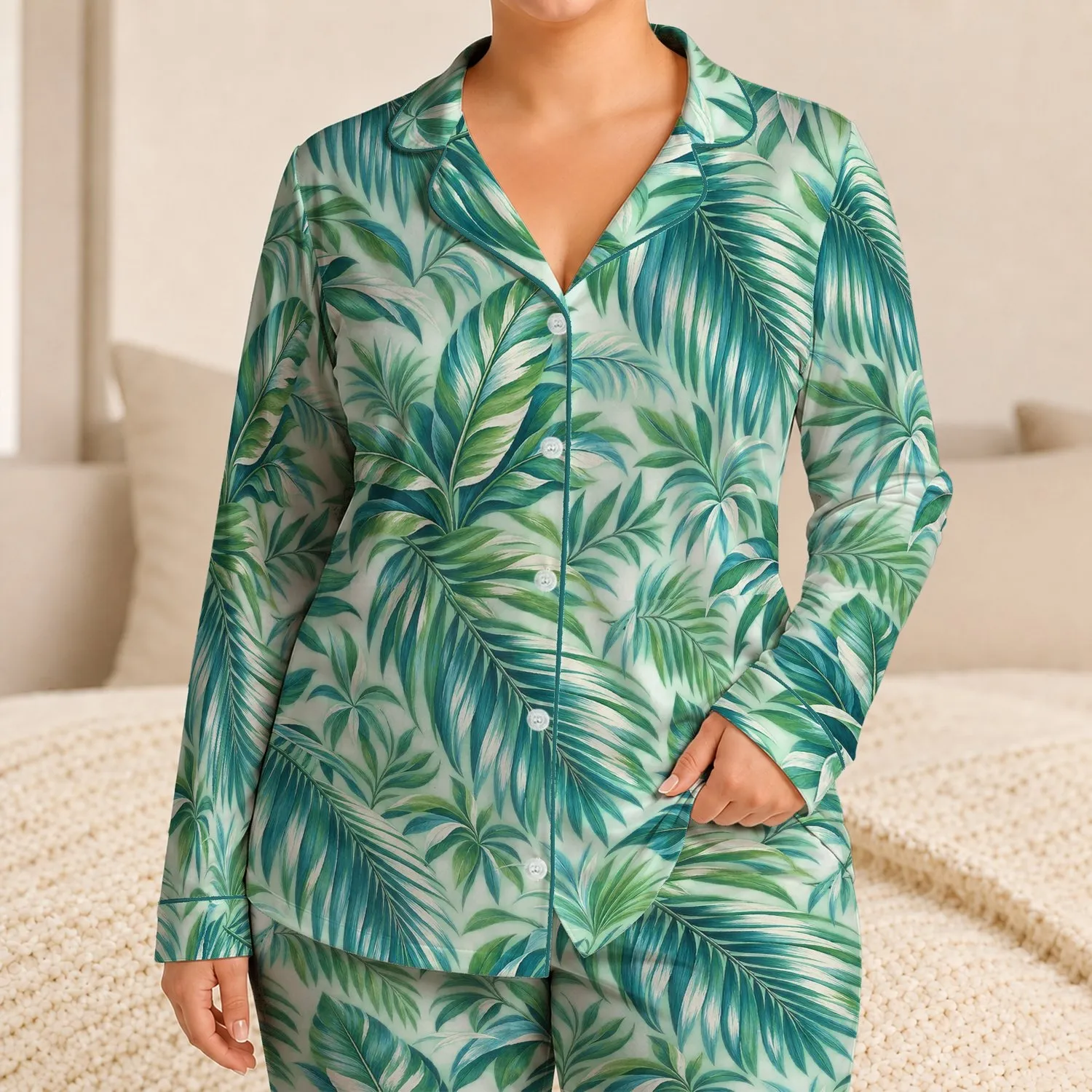 Mint Green Tropical Palm Fronds for Beach Vacations and Resort Lounging, Women, Plus Size Satin Pajamas Set - 1