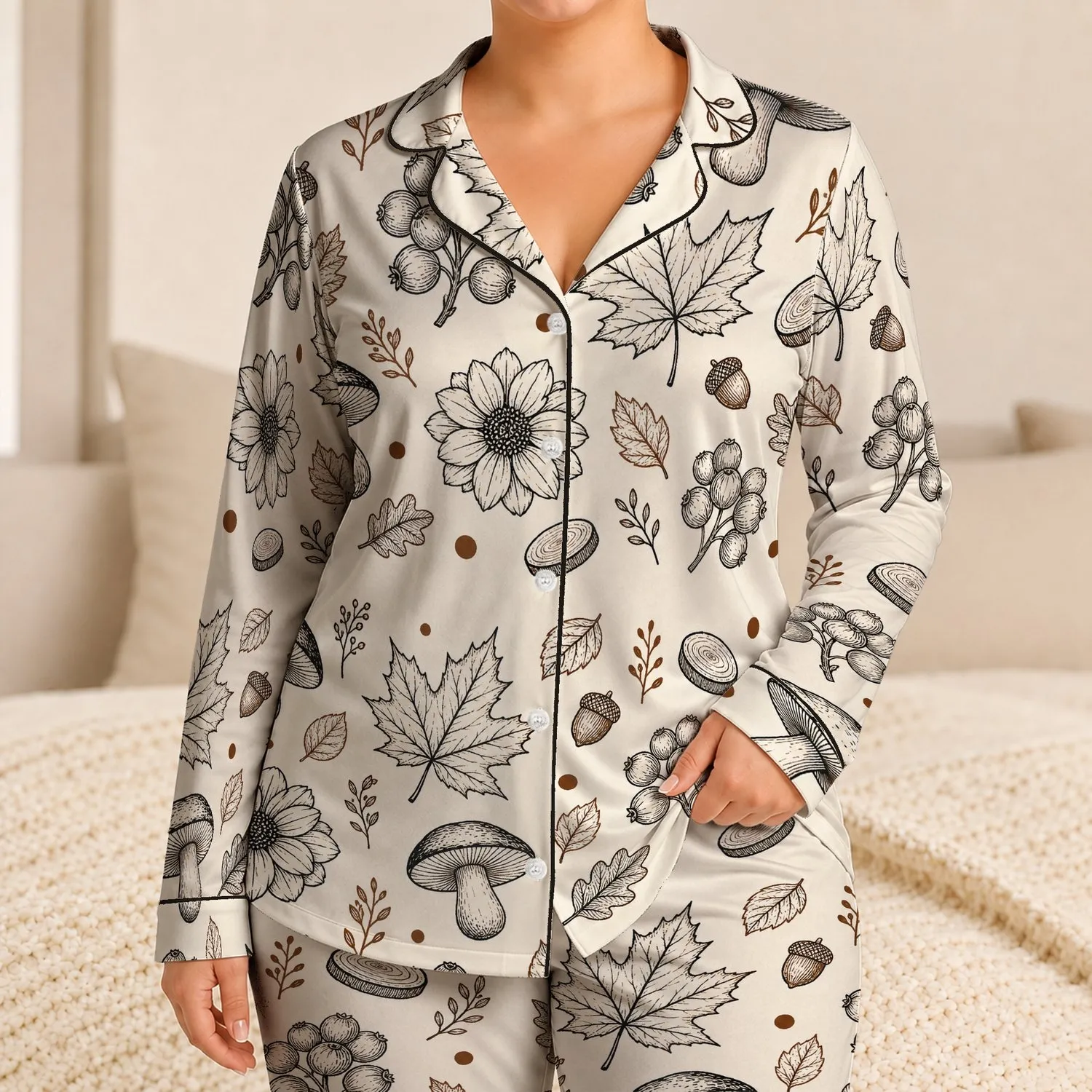 Autumn Woodland Leaves And Mushrooms For Cozy Lounging, Unisex Nature Lovers At Home Satin Pajamas Set - 1