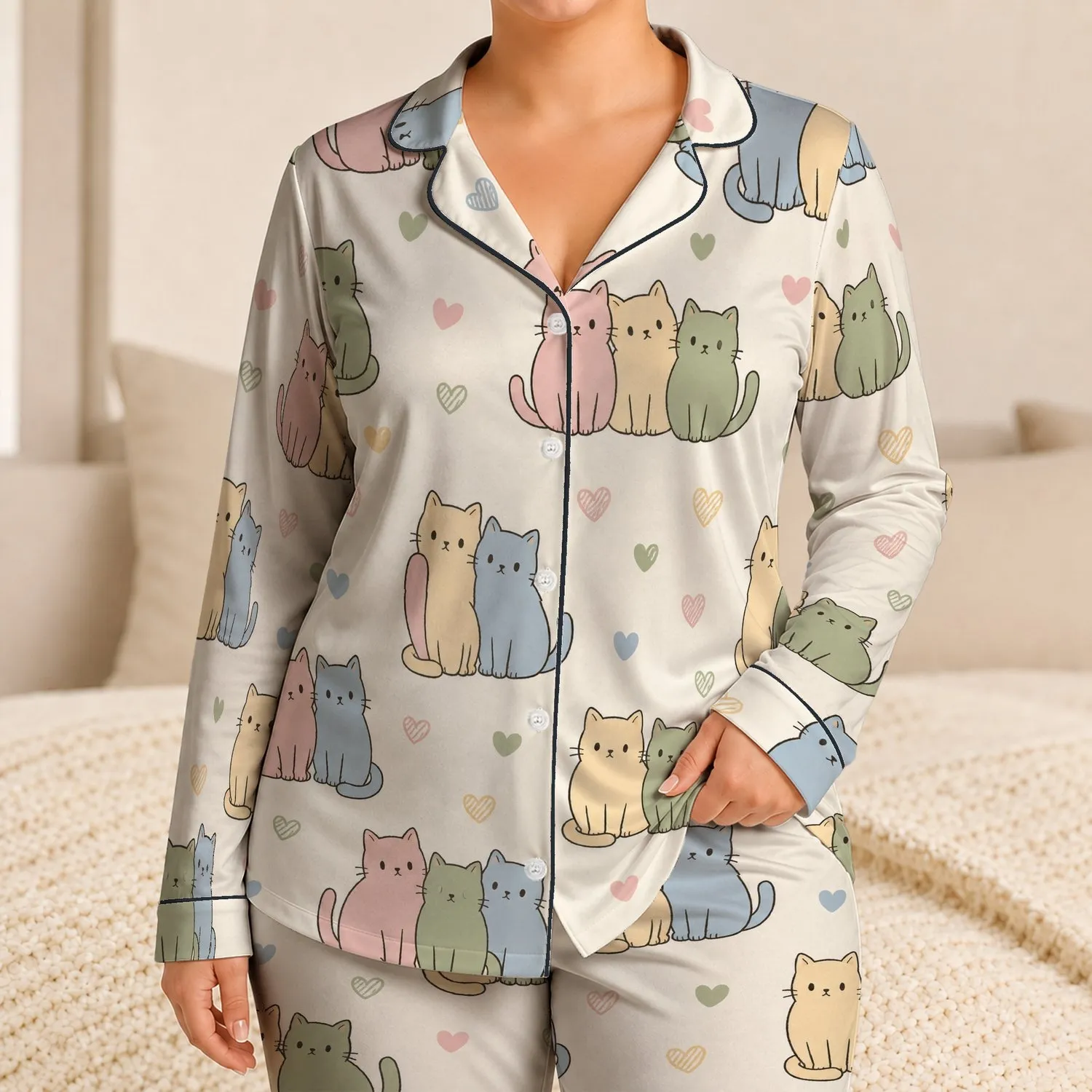 Cute Pastel Cat Hearts for Cozy Lounging and Relaxed Everyday Home Days for Cat Lovers Satin Pajamas Set - 1