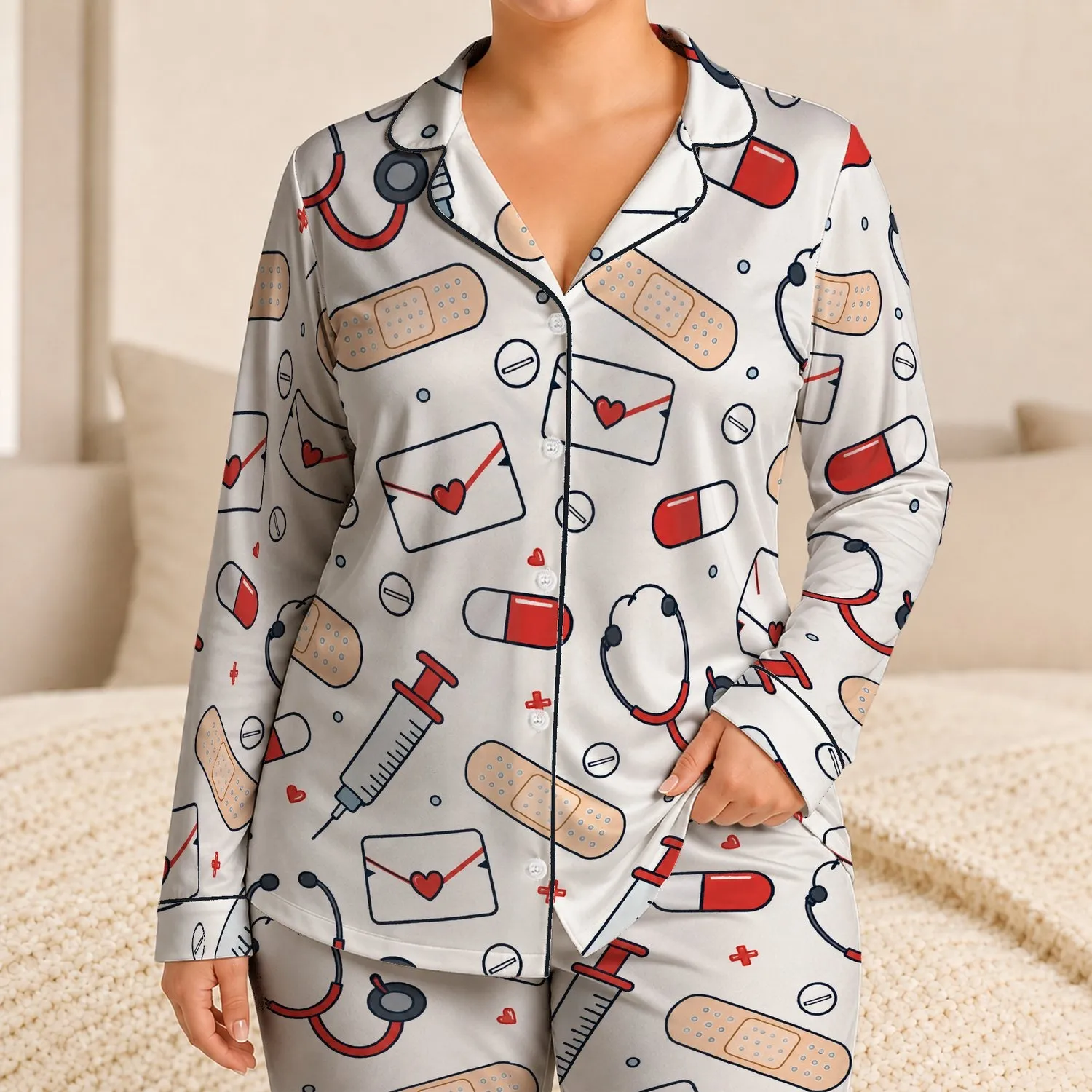 Medical Heart And Stethoscope Icons For Healthcare Fans, Nurses, And Cozy Lounging Satin Pajamas Set - 1