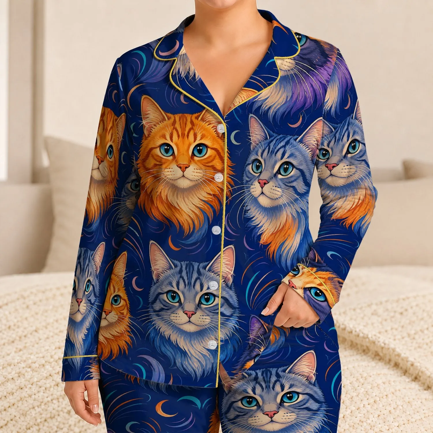 Colorful Cat Faces Dopamine Style for Cozy Lounging and Weekend Relaxation, Women Satin Pajamas Set - 1