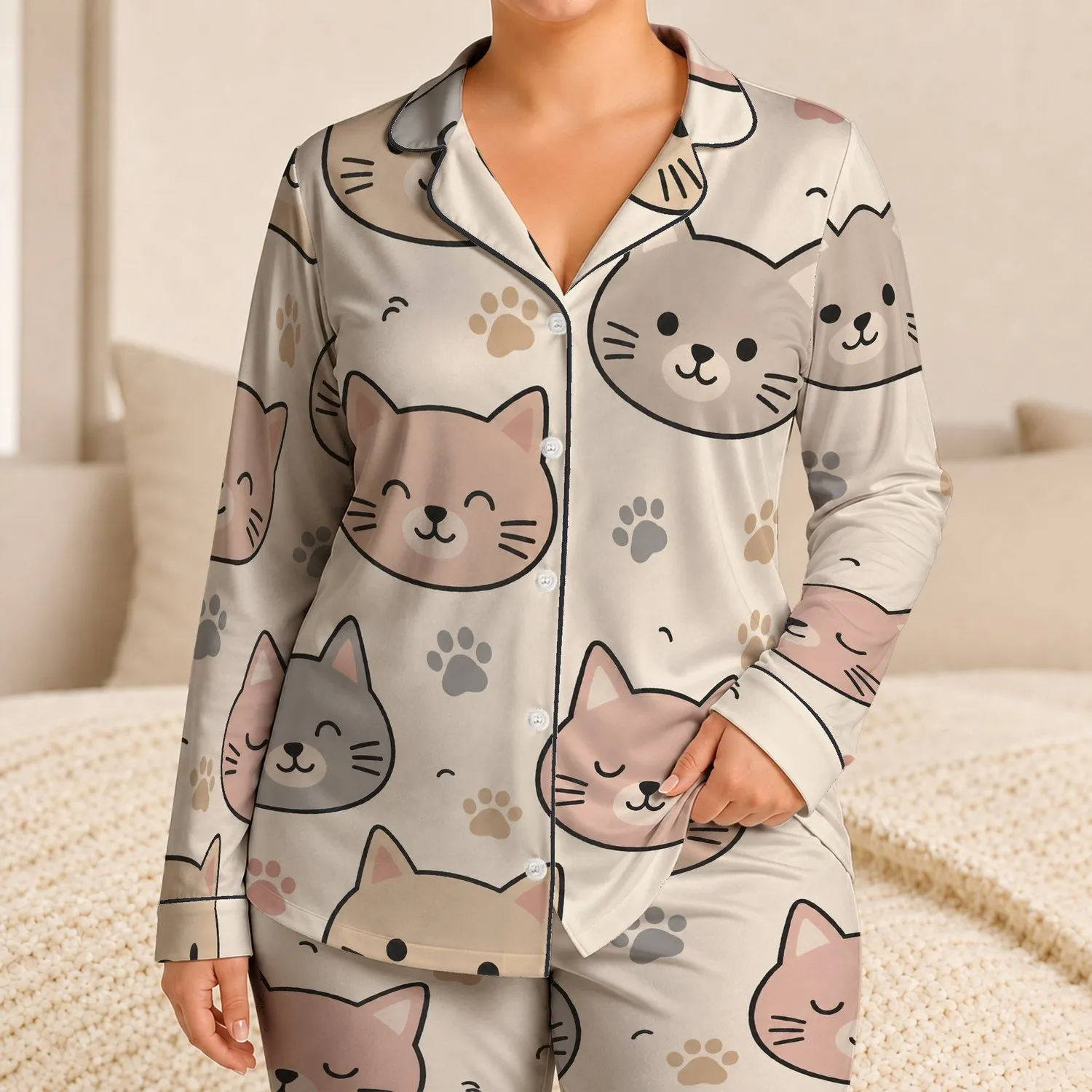 Cute Cat Faces and Paw Icons for Cozy Lounging, Relaxed Home Comfort, Cat Lovers Satin Pajamas Set - 1
