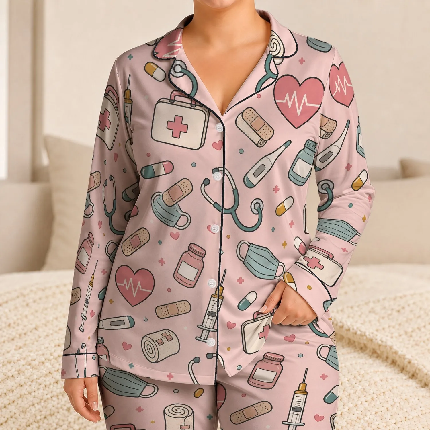 Medical Care Hearts Stethoscope ECG Motifs for Nurses, Doctors, and Healthcare Fans Satin Pajamas Set - 1