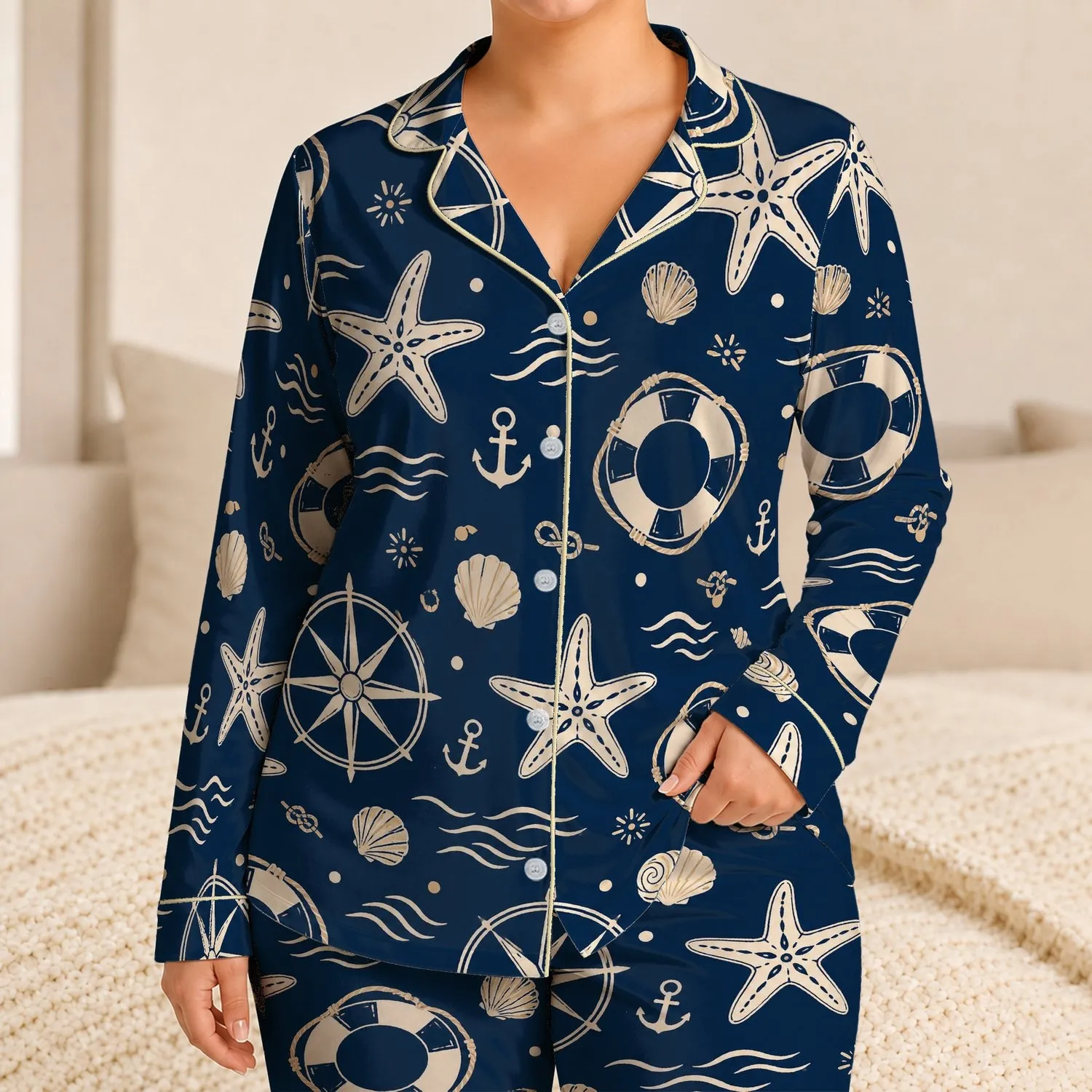 Nautical Compass Starfish And Life Ring Motifs For Seaside Summer Gifts For Coastal Lovers Satin Pajamas Set - 1
