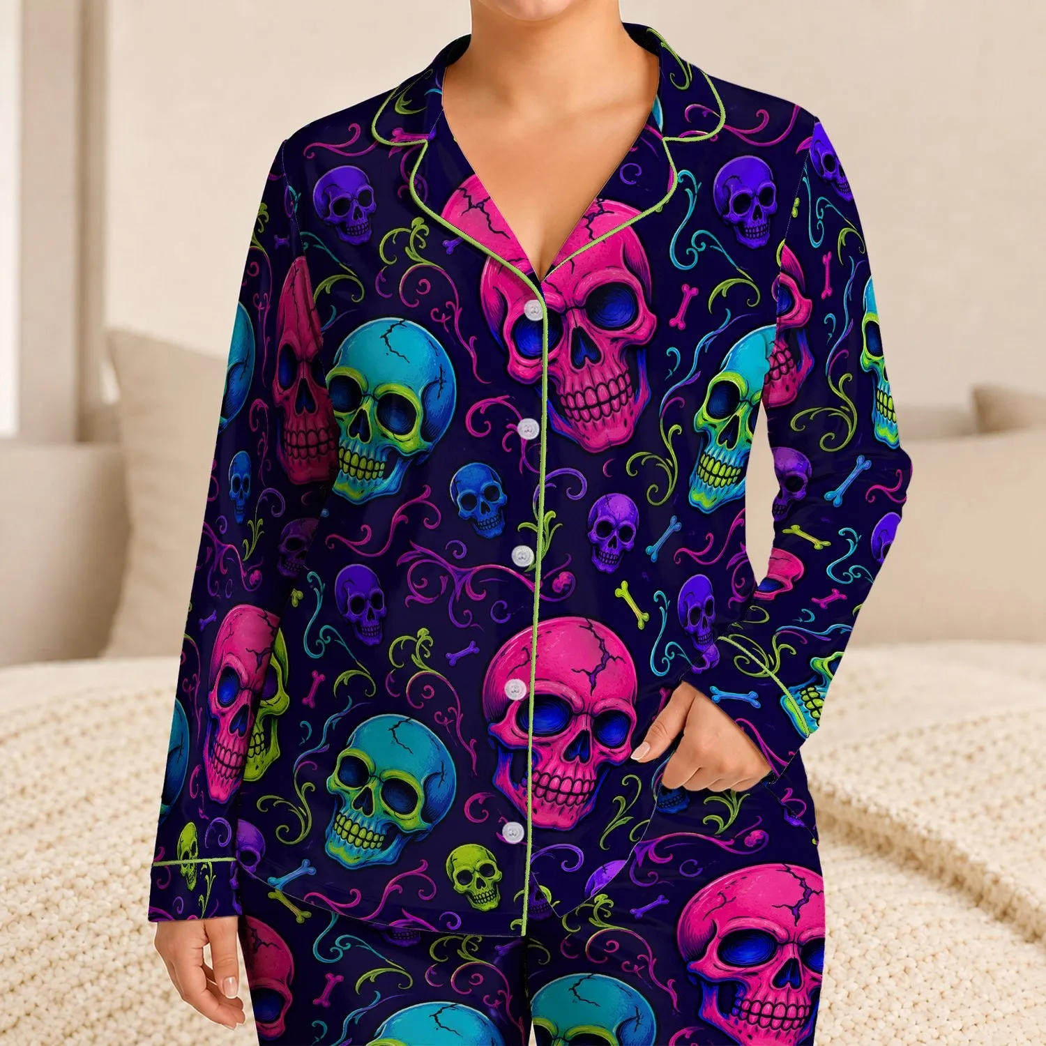 Gothic Neon Skull Halloween Lounge Style For Spooky Nights And Cozy Gift Ideas For Adults Satin Pajamas Set - 1