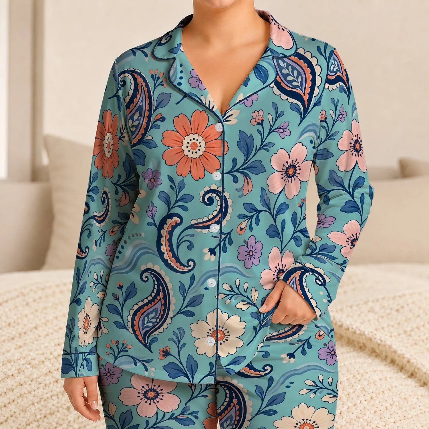 Aqua Floral Paisley Lounge Style For Relaxed Weekends And Cozy Everyday Comfort At Home Satin Pajamas Set - E8BYNNNU68