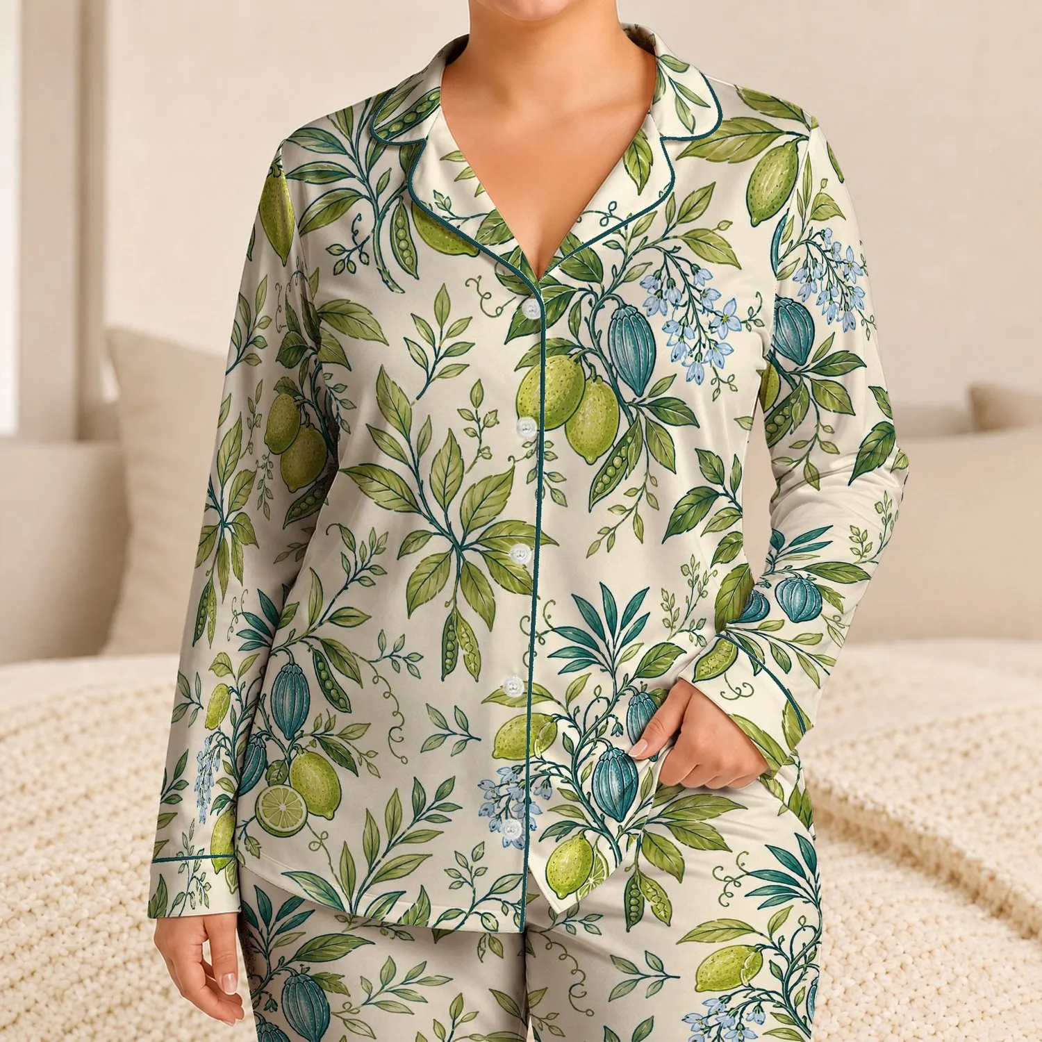 Tropical Botanical Fruit Garden with Teal Pods for Vacation Travel Lounge Style Women Satin Pajamas Set - 1