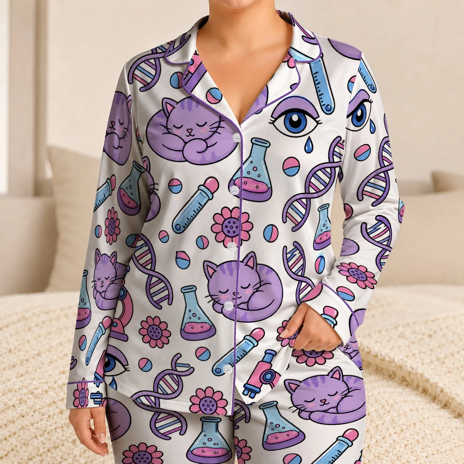 Science Kitten Microscope DNA Eye Motifs for Cozy Bedtime Sleep Gift for Women Adults Satin Pajamas Set - 1