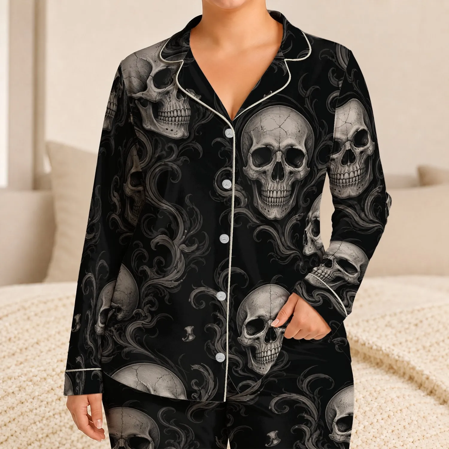 Gothic Skull Smoke Motifs for Dark Lounge Style, Halloween Gifting, and Skull Lovers Satin Pajamas Set - 1