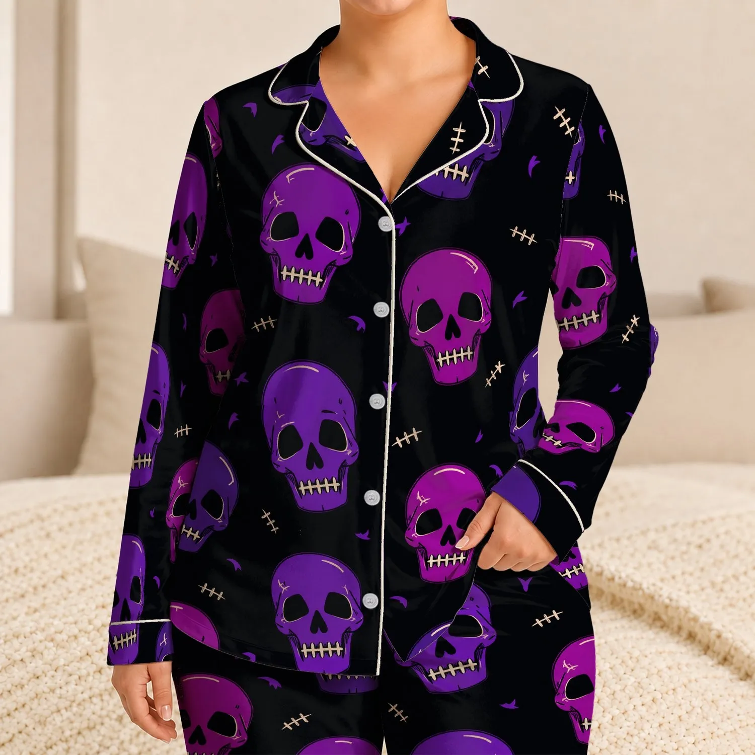 Purple Skull Motif for Halloween Lounging, Cozy Nights, and Alternative Gift Giving Satin Pajamas Set - 1