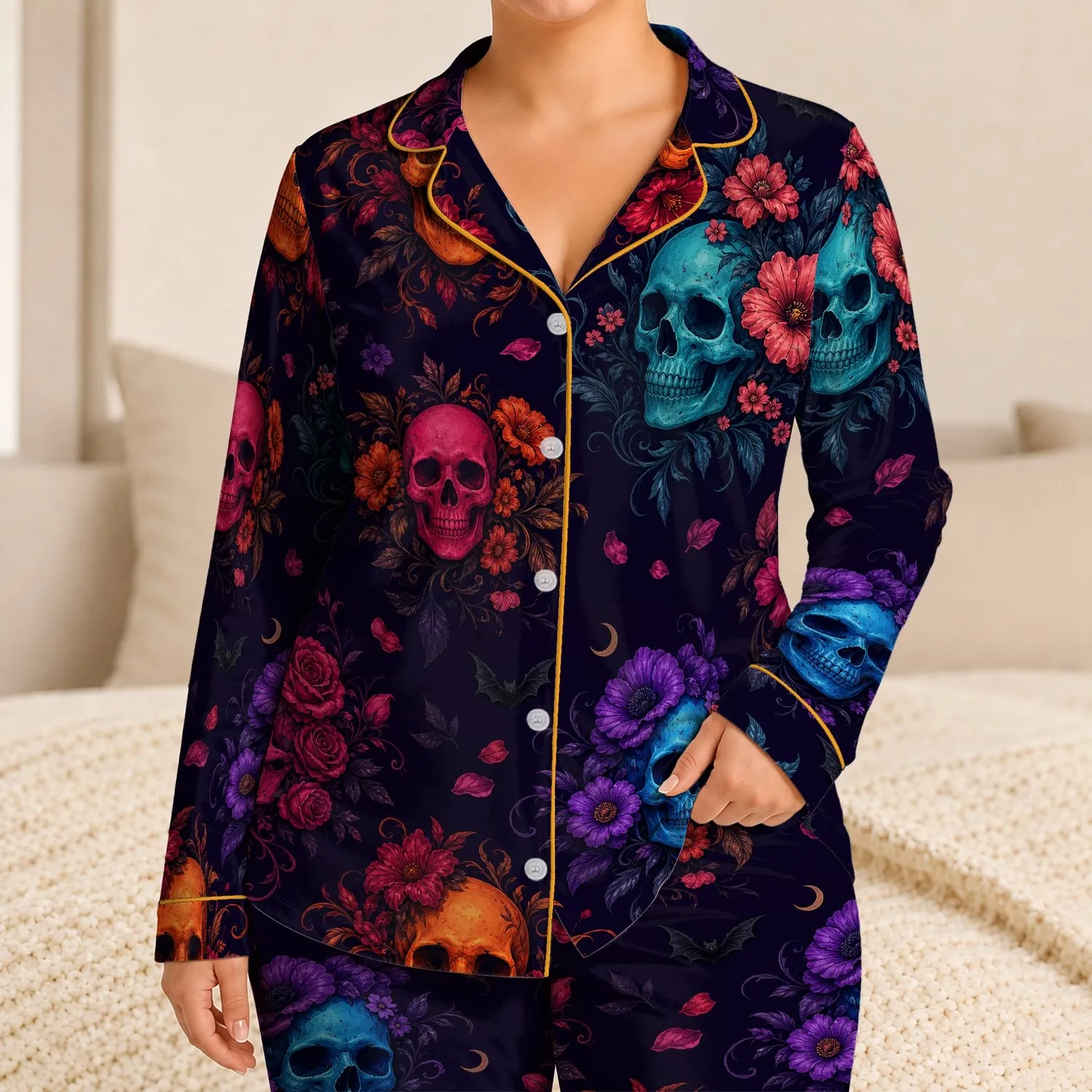 Gothic Skull Roses Halloween Comfort Style for Women, Neon Floral Midnight Look Satin Pajamas Set - 1