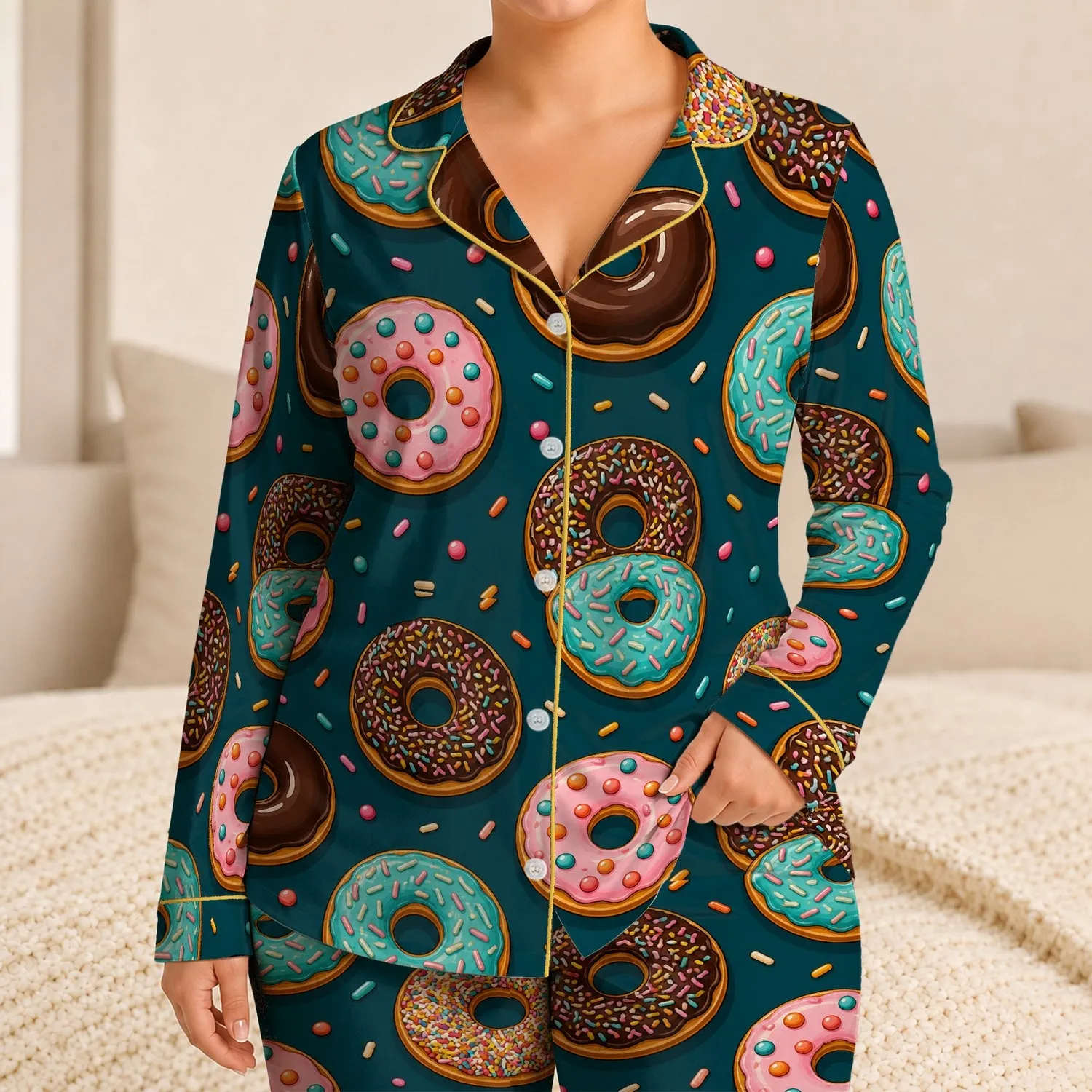 Deep Teal Donut Candy Motifs for Cozy Lounging and Sweet Weekend Gift Ideas for Women Satin Pajamas Set - 1