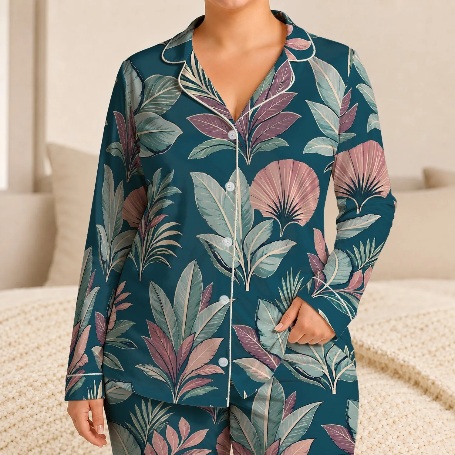 Tropical Botanical Leaves, Vintage Color Block Style for Summer Lounging, Casual Women Satin Pajamas Set - 1