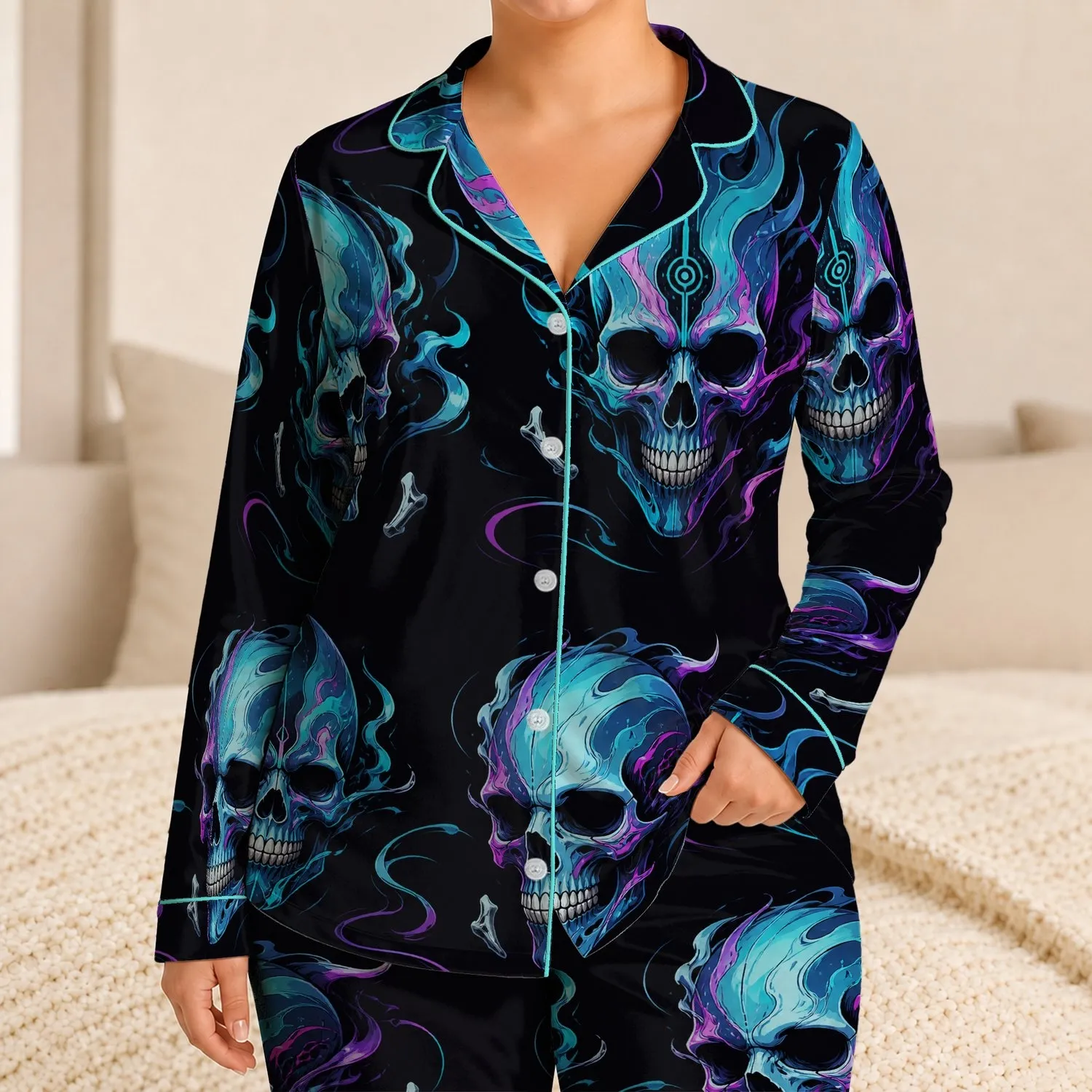 Bold Cyberpunk Skull Motif for Urban Streetwear Style and Festival Night Out Looks Satin Pajamas Set - YOYWIXMKG0