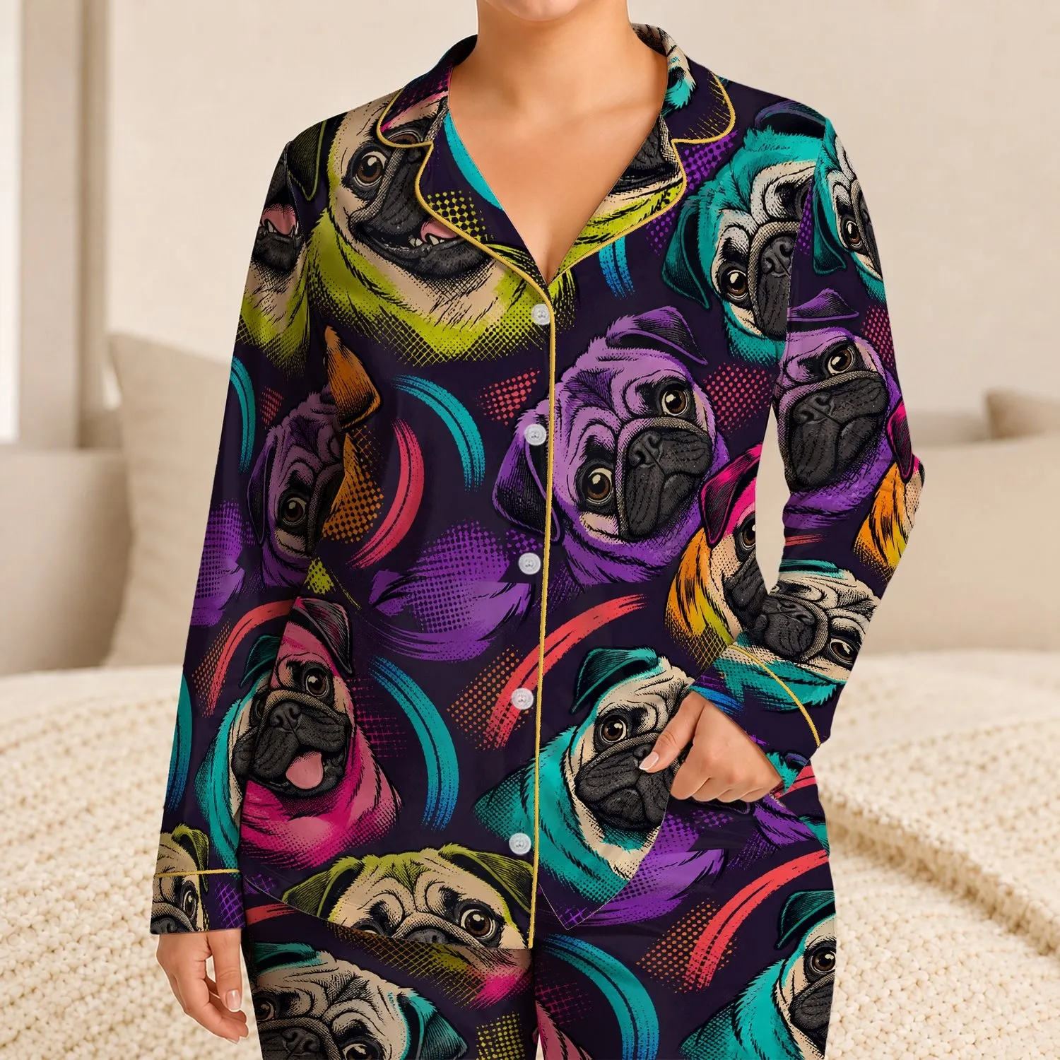 Colorful Pug Faces Pop Art Lounge Style for Cozy Weekends, Travel and Pet Lovers Satin Pajamas Set - 1
