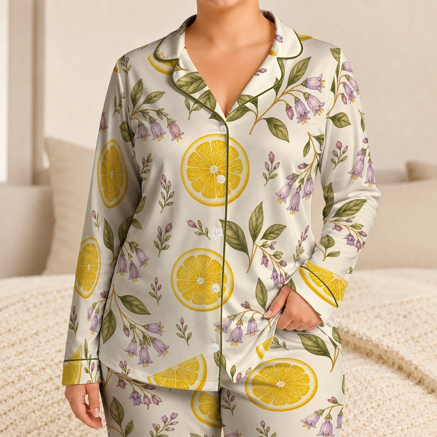 Lemon Floral Botanical Citrus Motifs for Summer Vacations, Travel, and Garden Lovers Satin Pajamas Set - 1