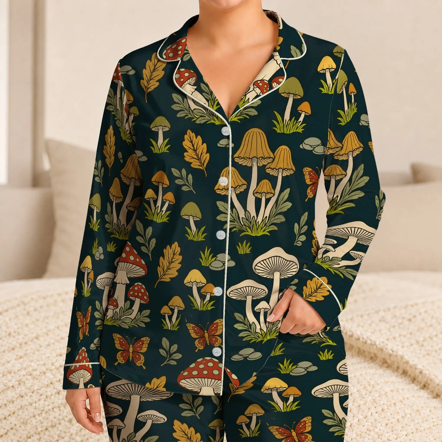 Mushroom Butterfly Botanical Folk Art for Cozy Lounging and Weekend Home Relaxation Satin Pajamas Set - 1