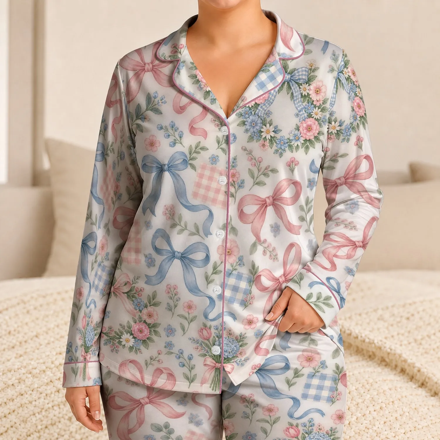 Pastel Bows And Florals With Gingham Checks For Cozy Lounging And Gift Giving For Women Satin Pajamas Set - 1