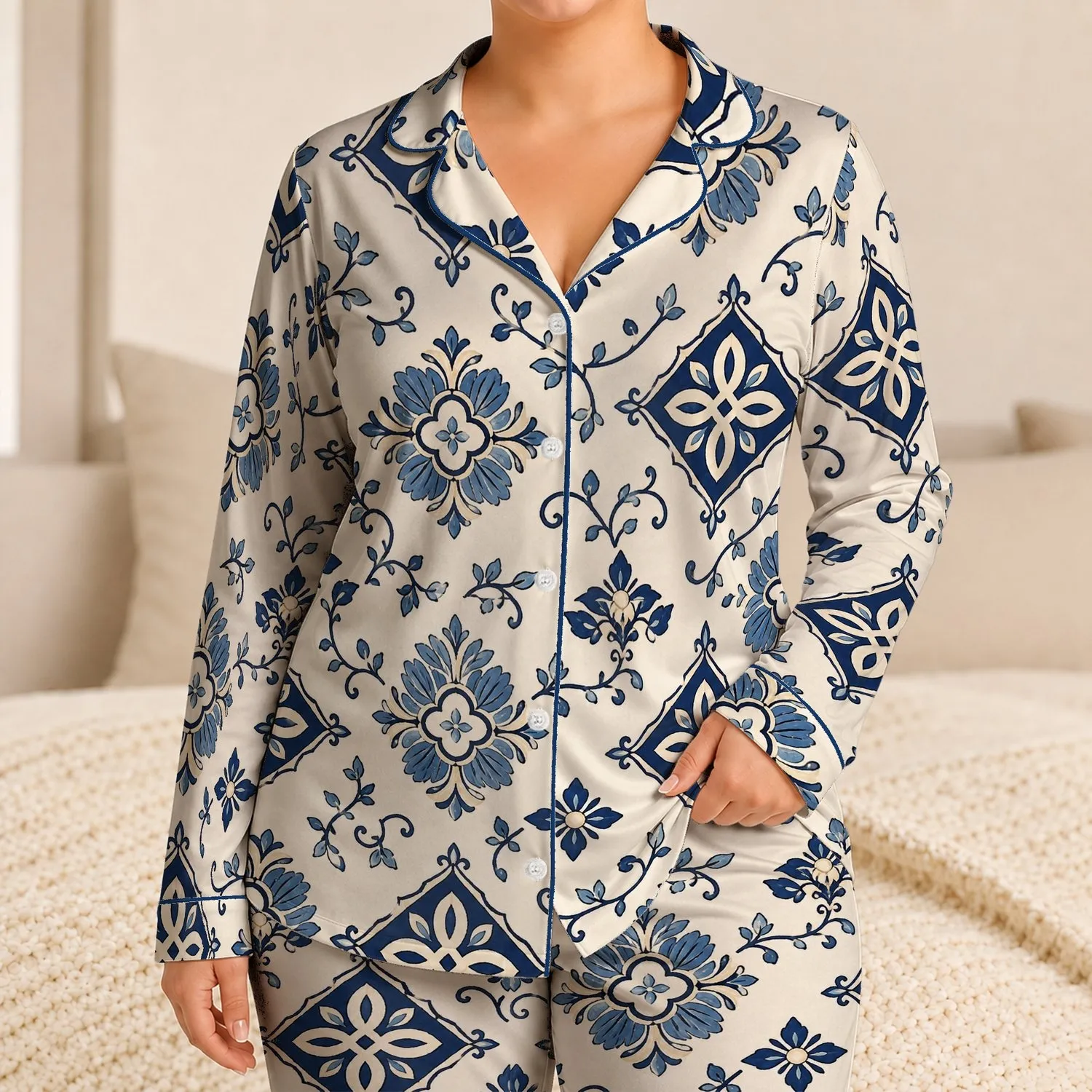 Mediterranean Blue Floral Tile Motifs For Relaxed Lounging, Travel, And Coastal Getaways Satin Pajamas Set - 1