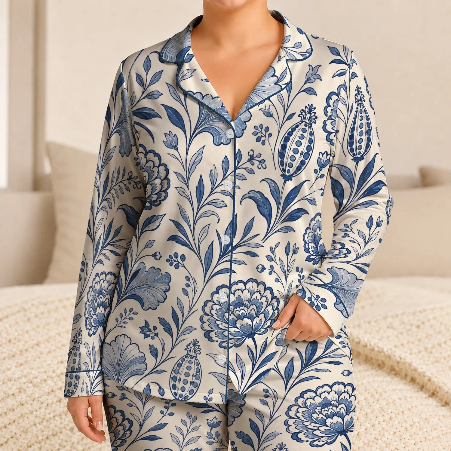 Indigo Botanical Blooms And Fan Leaves For Serene Everyday Gifting And Home Lounging Satin Pajamas Set - 1